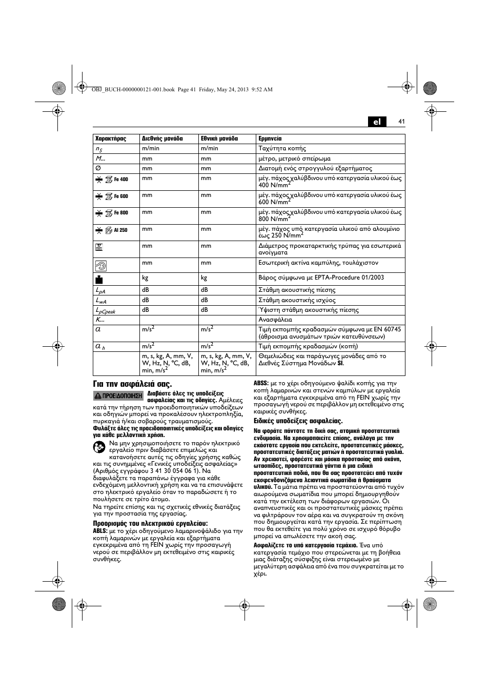 El για την ασφάλειά σας | Fein ABSS 1.6E User Manual | Page 41 / 141