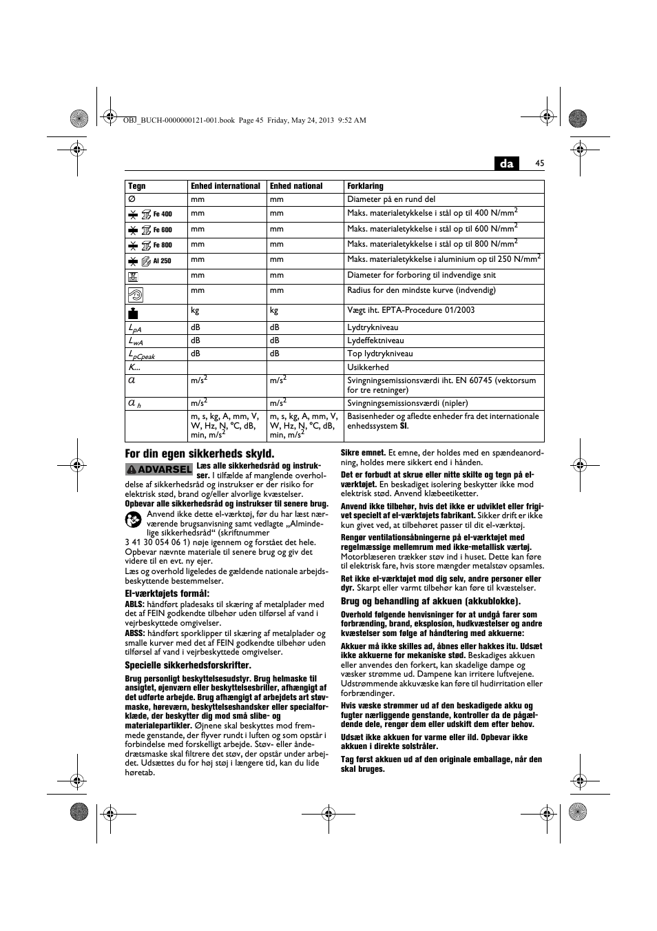 Da for din egen sikkerheds skyld | Fein ABSS 1.6E User Manual | Page 45 / 141