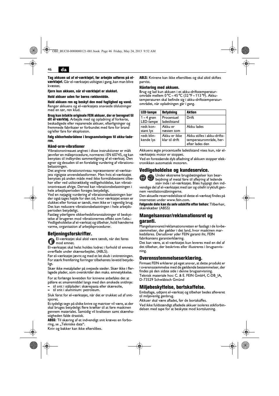 Betjeningsforskrifter, Vedligeholdelse og kundeservice, Mangelsansvar/reklamationsret og garanti | Overensstemmelseserklæring, Miljøbeskyttelse, bortskaffelse | Fein ABSS 1.6E User Manual | Page 46 / 141