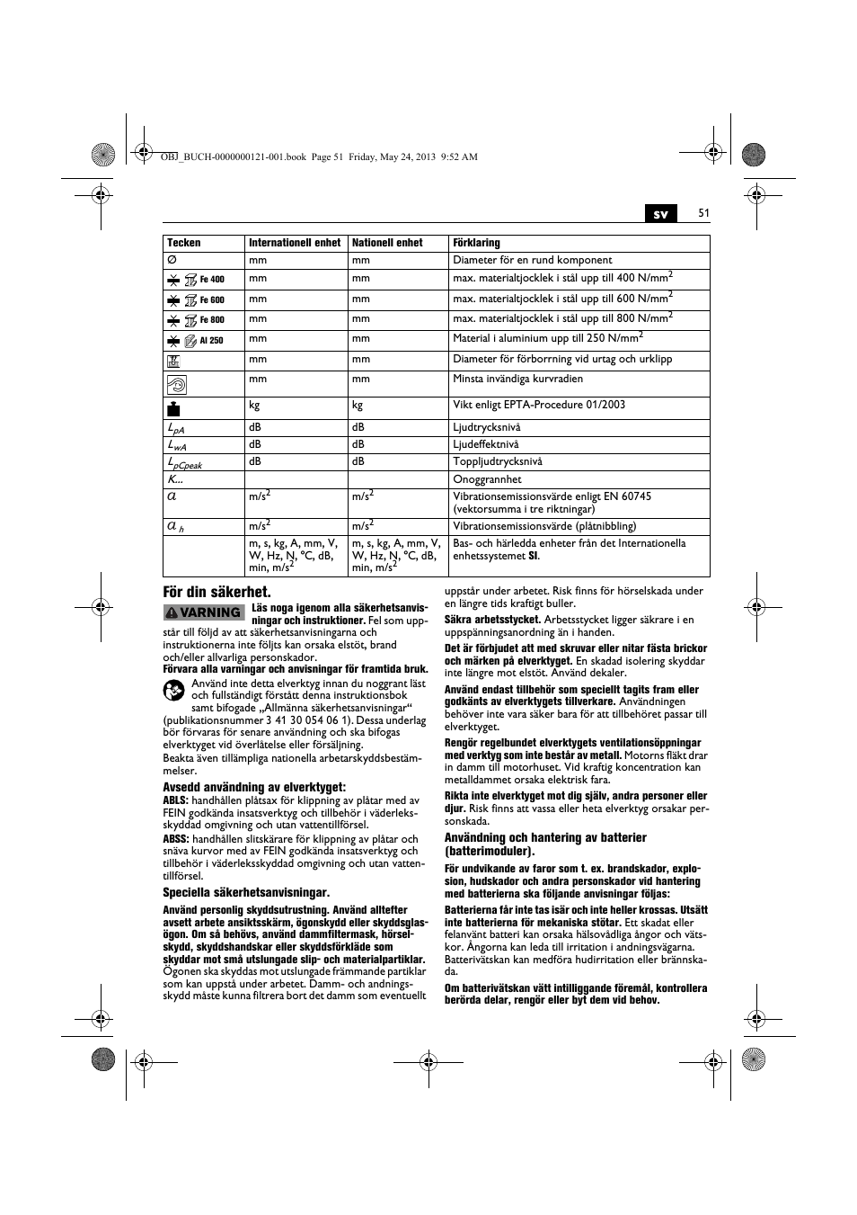 Sv för din säkerhet | Fein ABSS 1.6E User Manual | Page 51 / 141