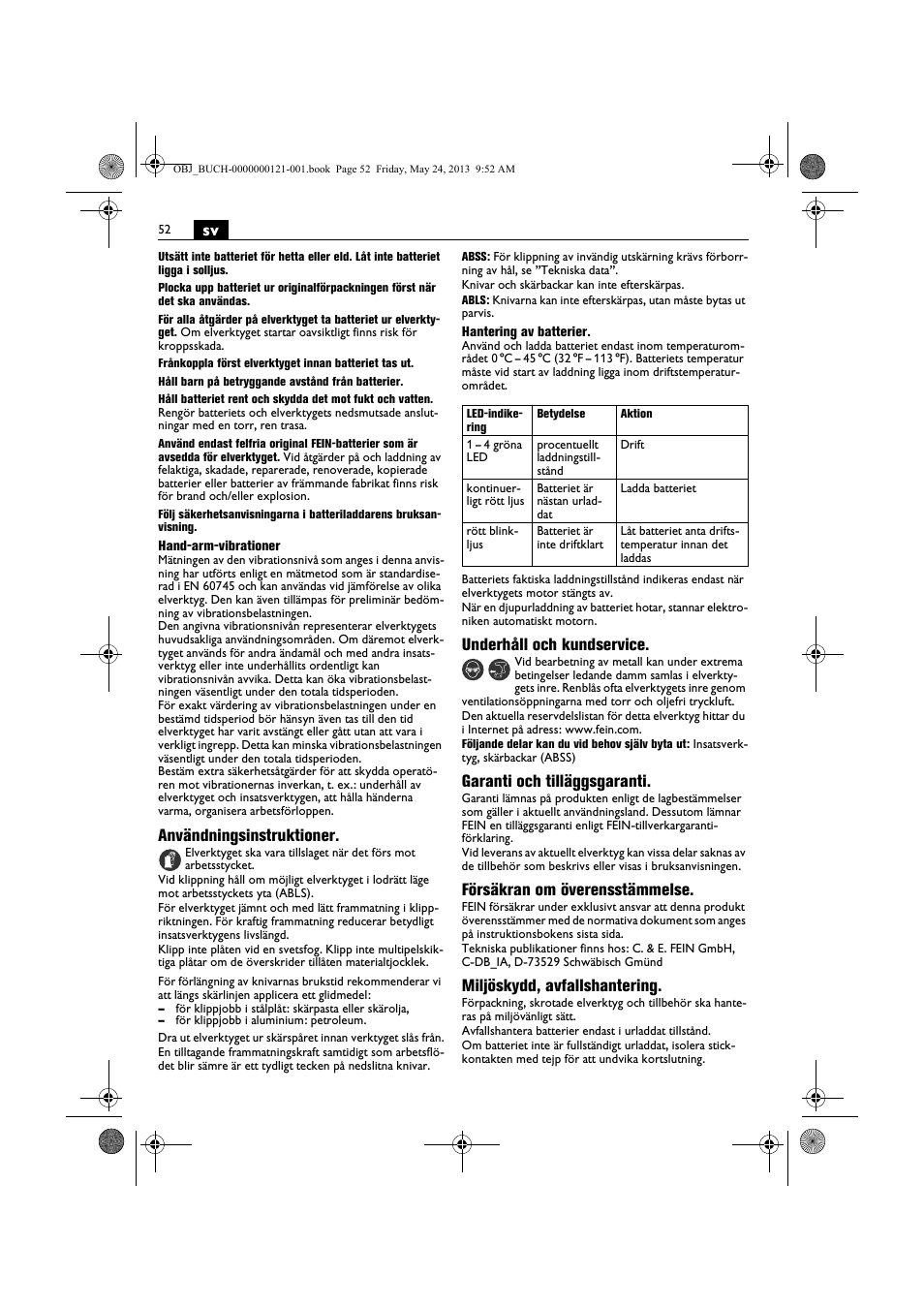 Användningsinstruktioner, Underhåll och kundservice, Garanti och tilläggsgaranti | Försäkran om överensstämmelse, Miljöskydd, avfallshantering | Fein ABSS 1.6E User Manual | Page 52 / 141