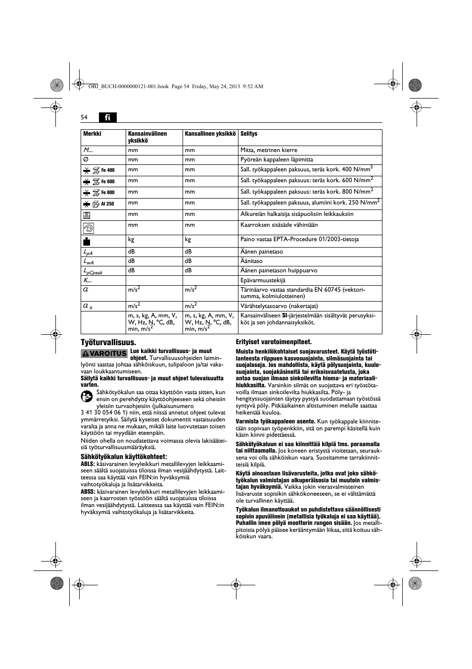Fi työturvallisuus | Fein ABSS 1.6E User Manual | Page 54 / 141