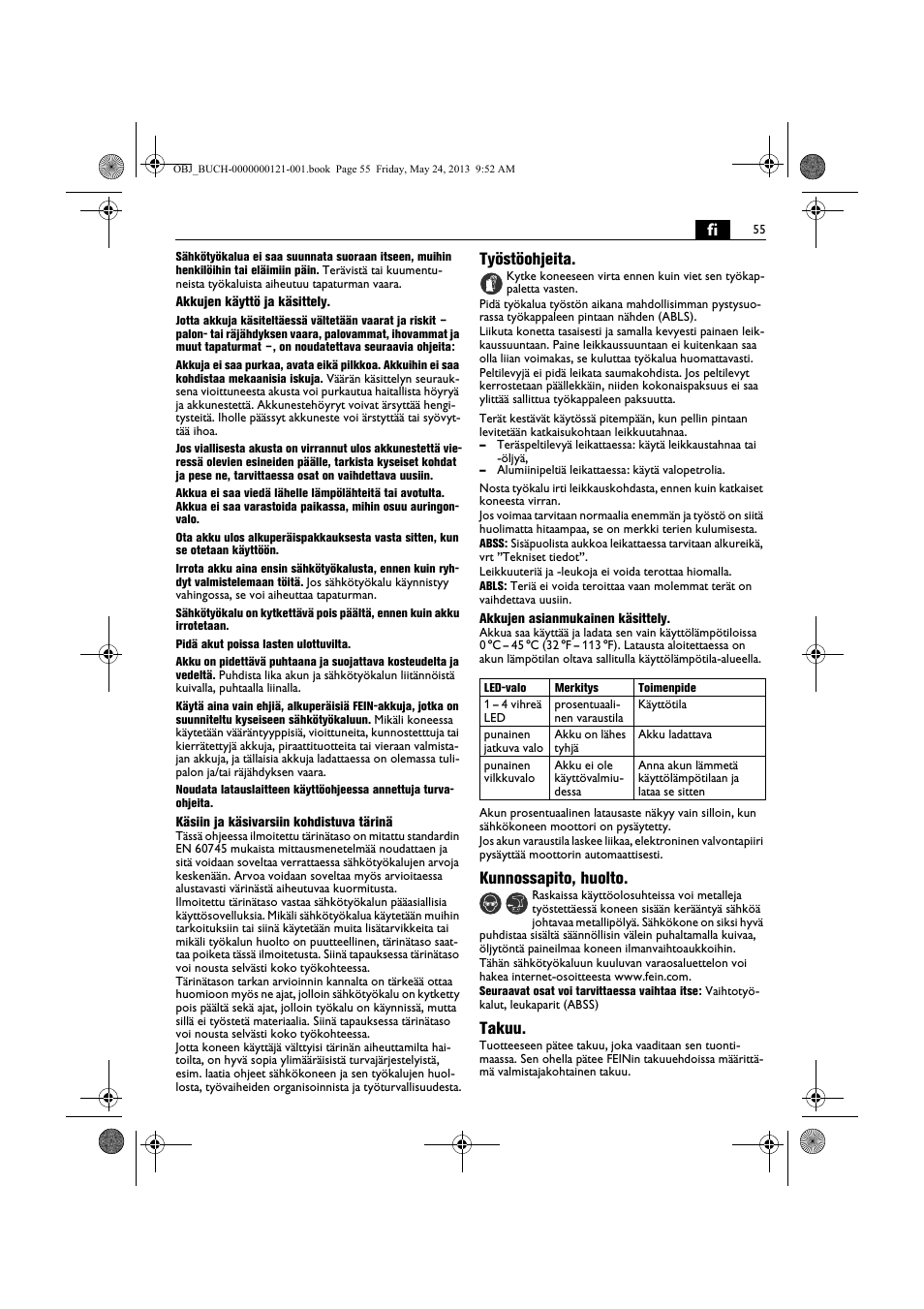 Työstöohjeita, Kunnossapito, huolto, Takuu | Fein ABSS 1.6E User Manual | Page 55 / 141