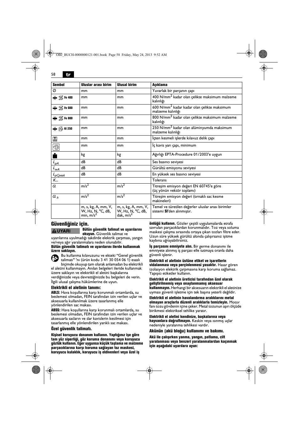Tr güvenliğiniz için | Fein ABSS 1.6E User Manual | Page 58 / 141