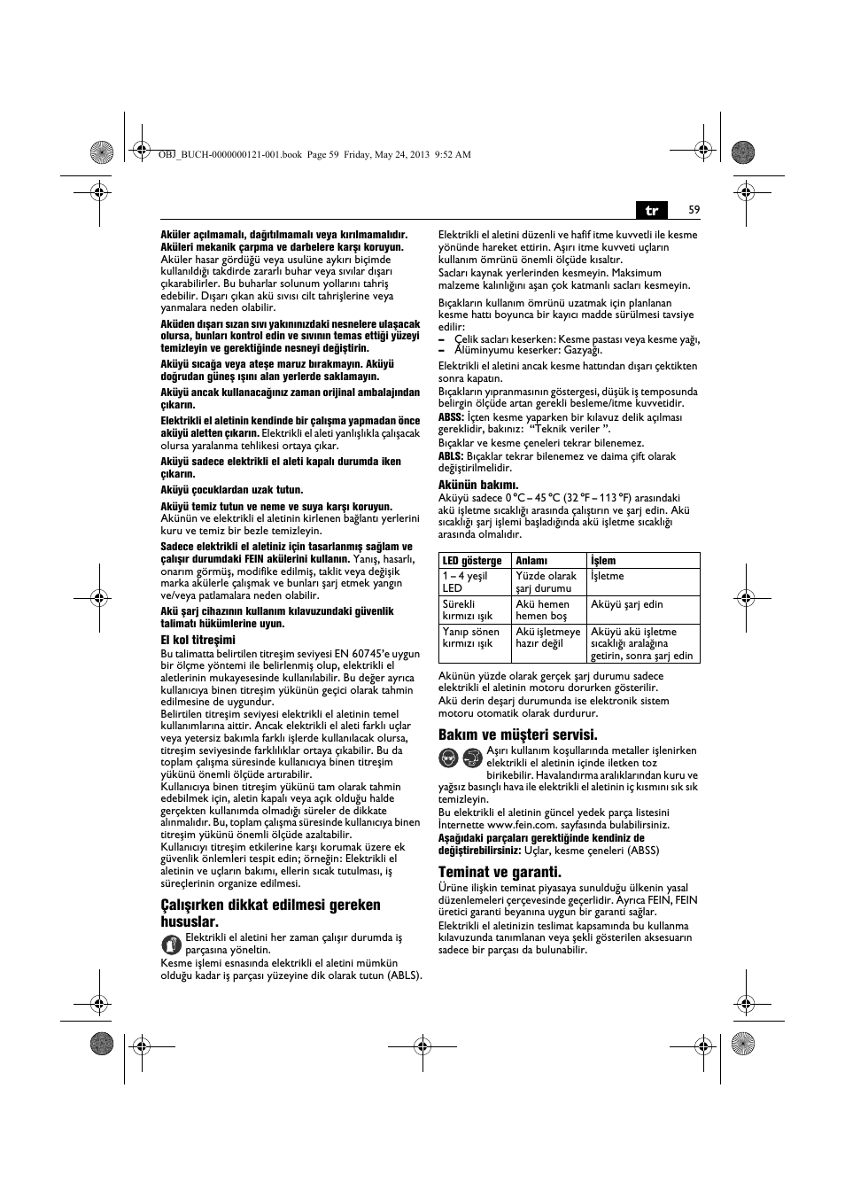 Çalışırken dikkat edilmesi gereken hususlar, Bakım ve müşteri servisi, Teminat ve garanti | Fein ABSS 1.6E User Manual | Page 59 / 141