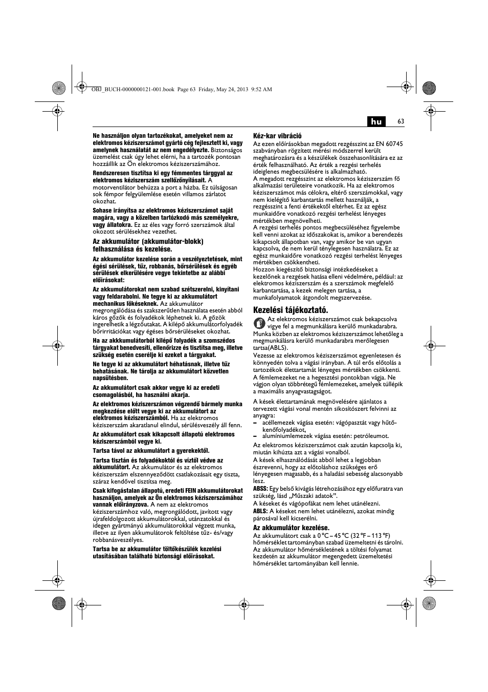 Kezelési tájékoztató | Fein ABSS 1.6E User Manual | Page 63 / 141