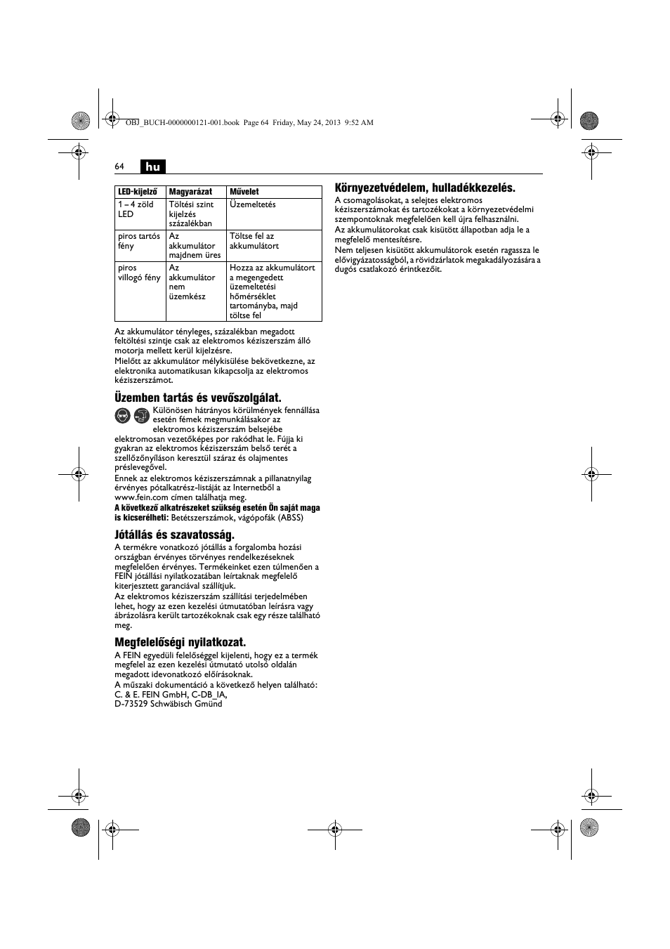 Üzemben tartás és vevőszolgálat, Jótállás és szavatosság, Megfelelőségi nyilatkozat | Környezetvédelem, hulladékkezelés | Fein ABSS 1.6E User Manual | Page 64 / 141