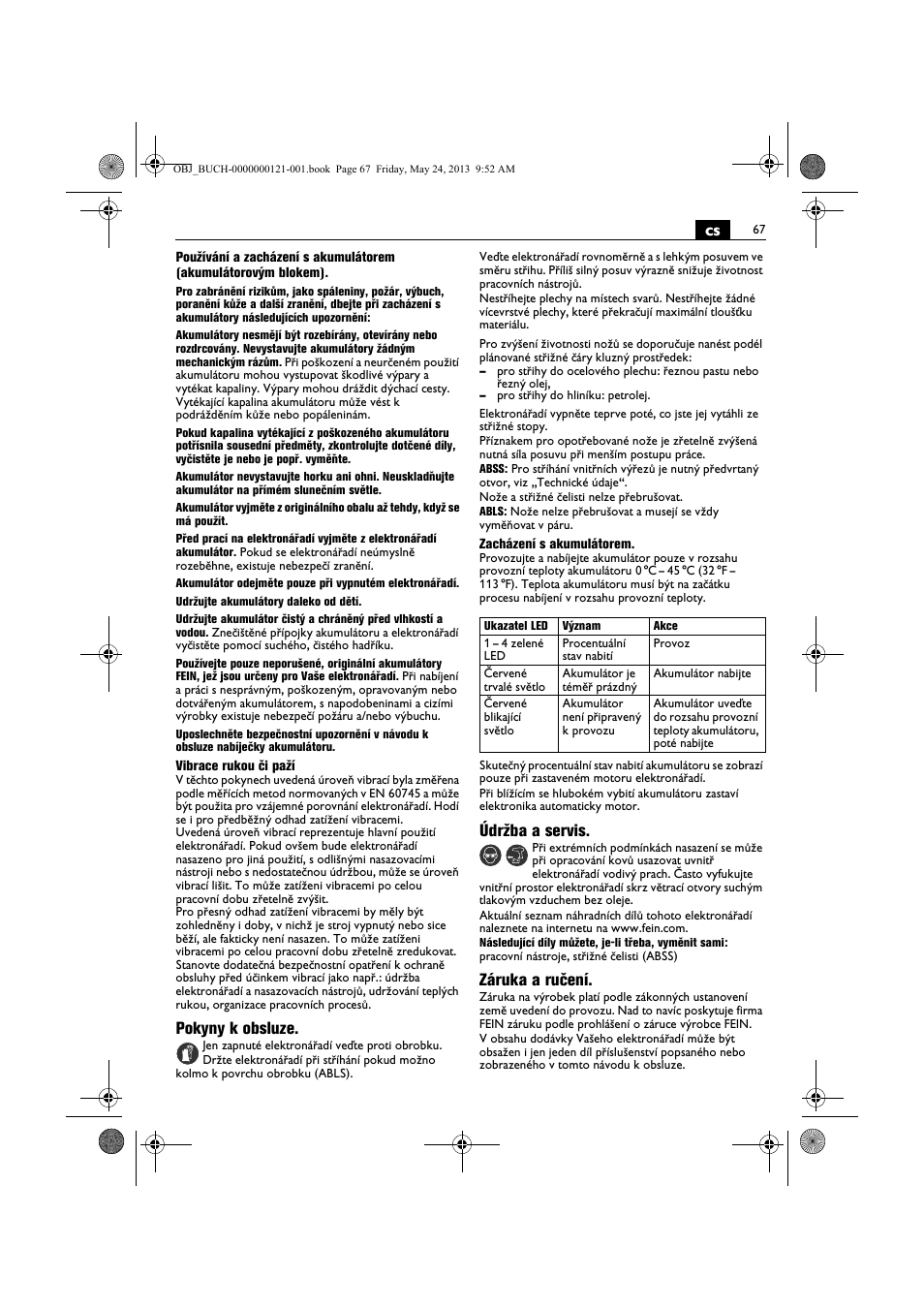 Pokyny k obsluze, Údržba a servis, Záruka a ručení | Fein ABSS 1.6E User Manual | Page 67 / 141