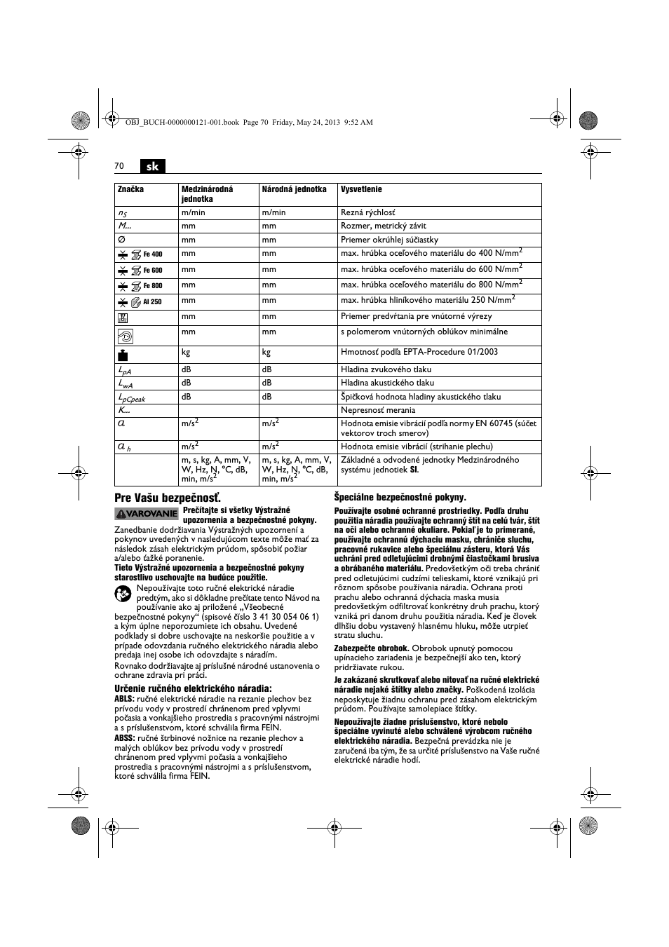 Sk pre vašu bezpečnosť | Fein ABSS 1.6E User Manual | Page 70 / 141