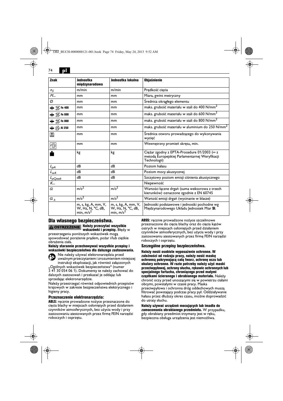 Pl dla własnego bezpieczeństwa | Fein ABSS 1.6E User Manual | Page 74 / 141