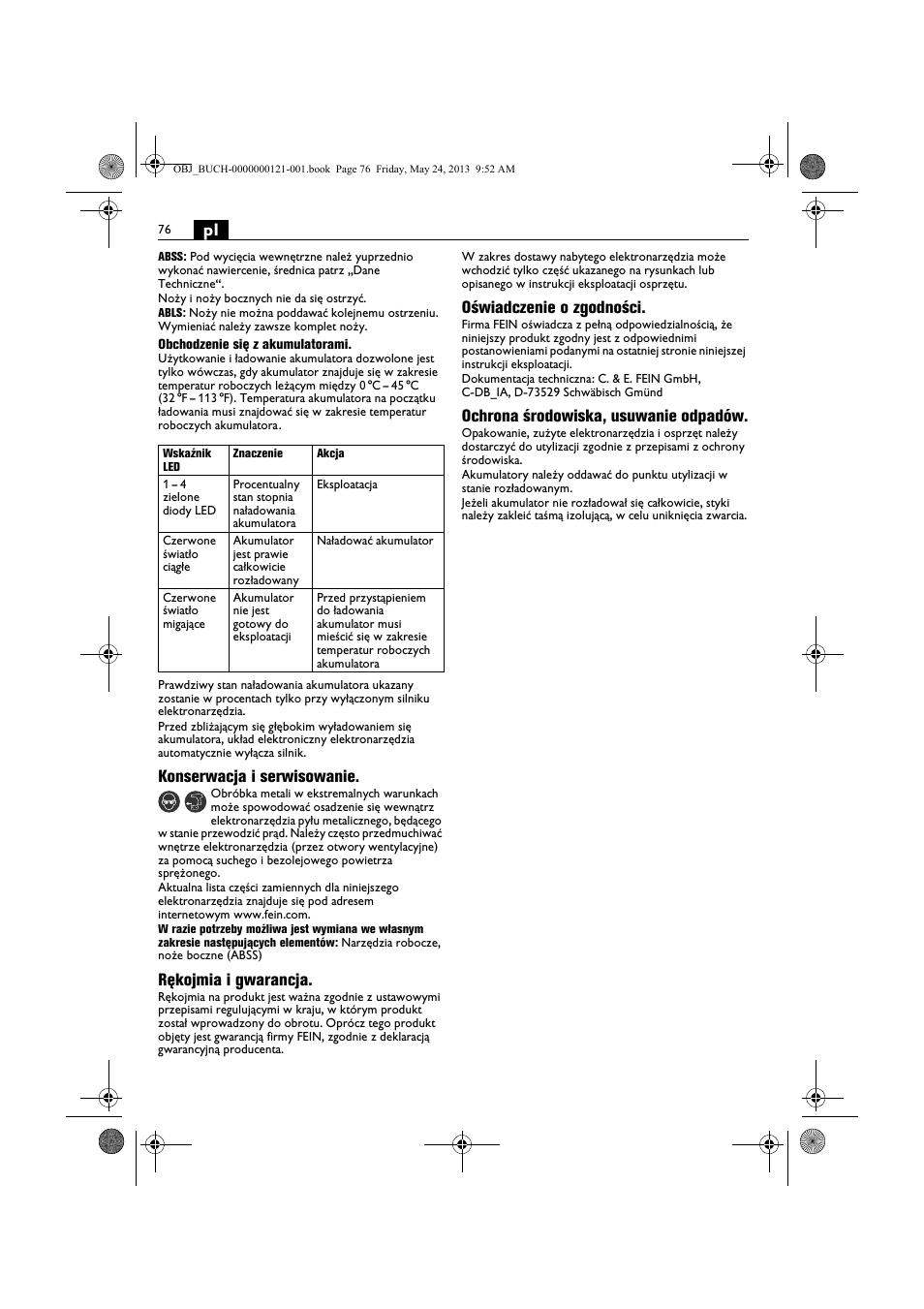 Konserwacja i serwisowanie, Rękojmia i gwarancja, Oświadczenie o zgodności | Ochrona środowiska, usuwanie odpadów | Fein ABSS 1.6E User Manual | Page 76 / 141