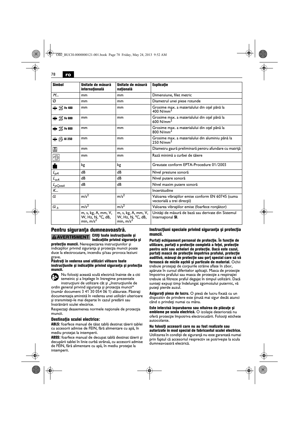 Ro pentru siguranţa dumneavoastră | Fein ABSS 1.6E User Manual | Page 78 / 141