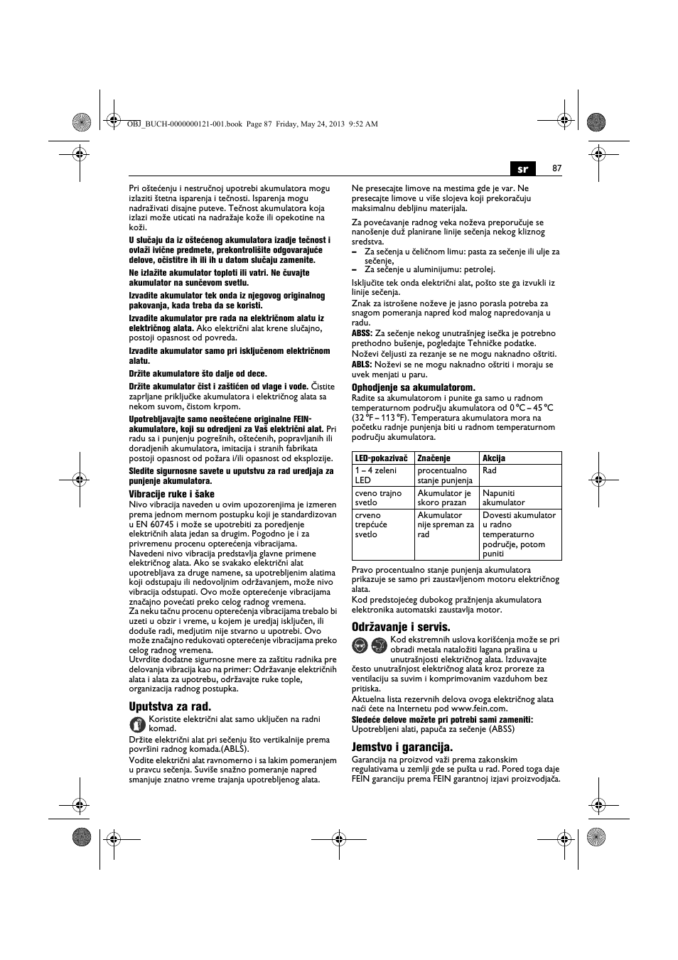 Uputstva za rad, Održavanje i servis, Jemstvo i garancija | Fein ABSS 1.6E User Manual | Page 87 / 141