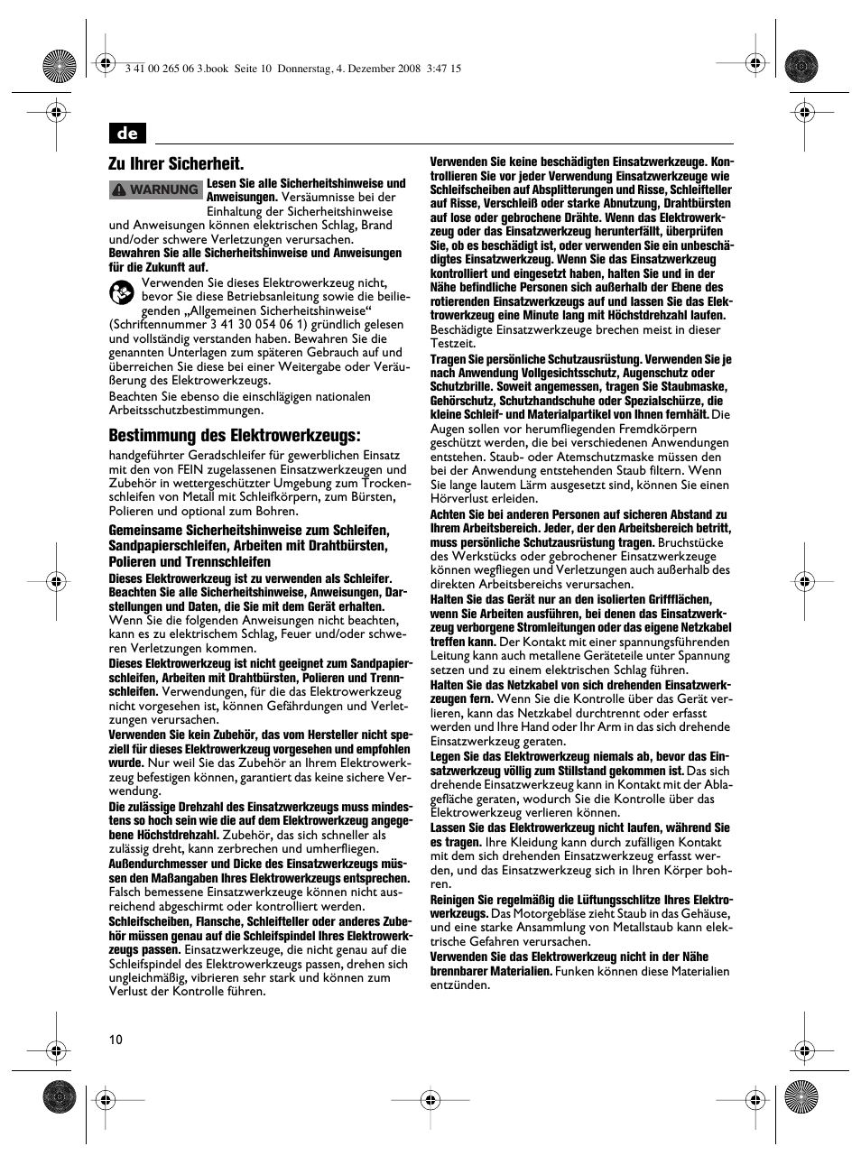 De zu ihrer sicherheit, Bestimmung des elektrowerkzeugs | Fein AHSl636c User Manual | Page 10 / 80