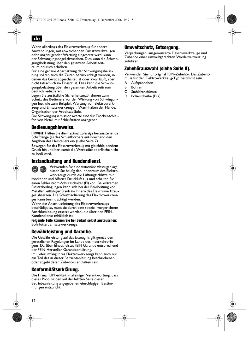 Bedienungshinweise, Instandhaltung und kundendienst, Gewährleistung und garantie | Konformitätserklärung, Umweltschutz, entsorgung, Zubehörauswahl (siehe seite 8) | Fein AHSl636c User Manual | Page 12 / 80