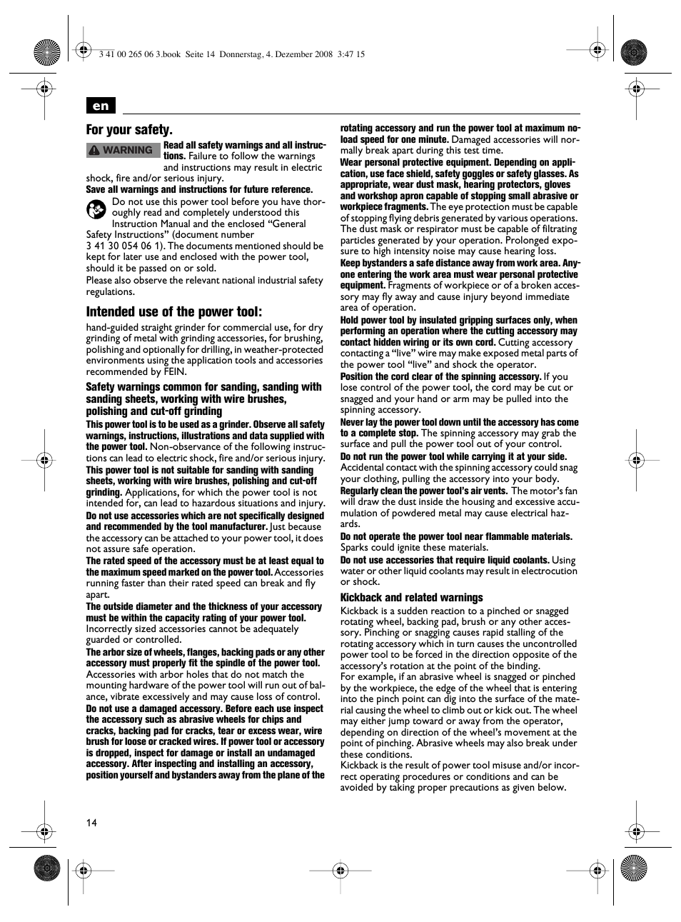 En for your safety, Intended use of the power tool | Fein AHSl636c User Manual | Page 14 / 80