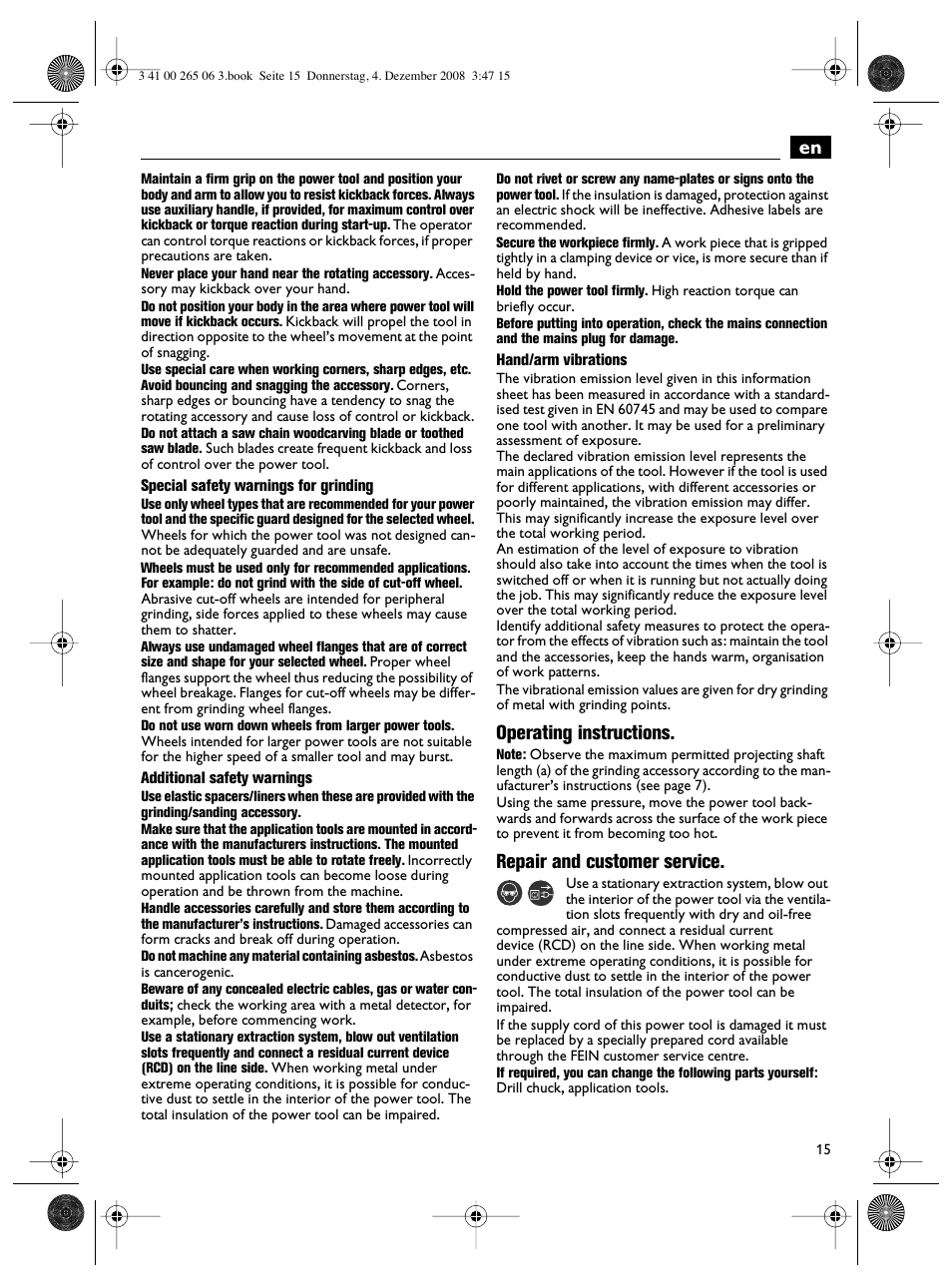 Operating instructions, Repair and customer service | Fein AHSl636c User Manual | Page 15 / 80
