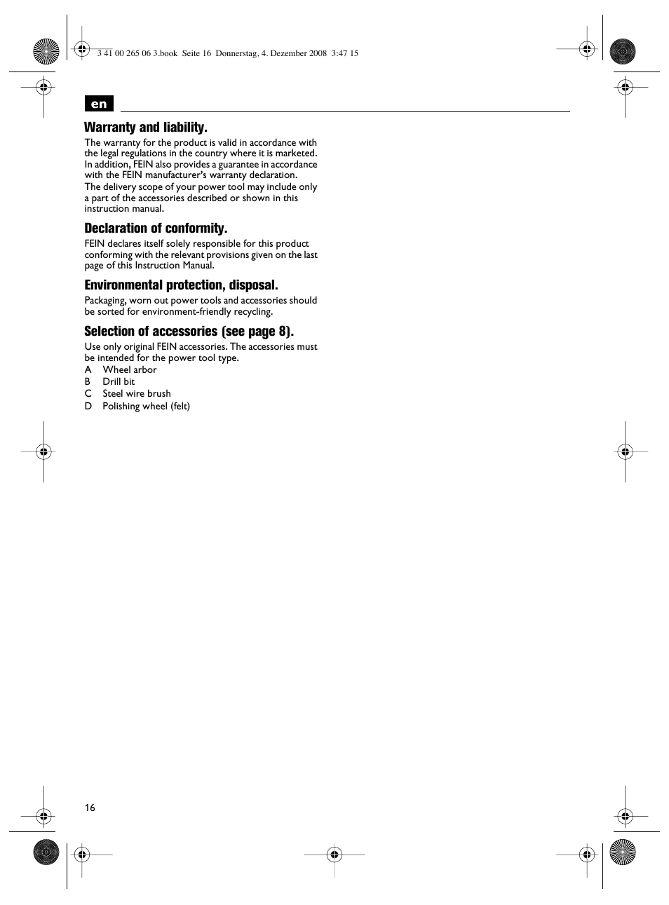 En warranty and liability, Declaration of conformity, Environmental protection, disposal | Selection of accessories (see page 8) | Fein AHSl636c User Manual | Page 16 / 80