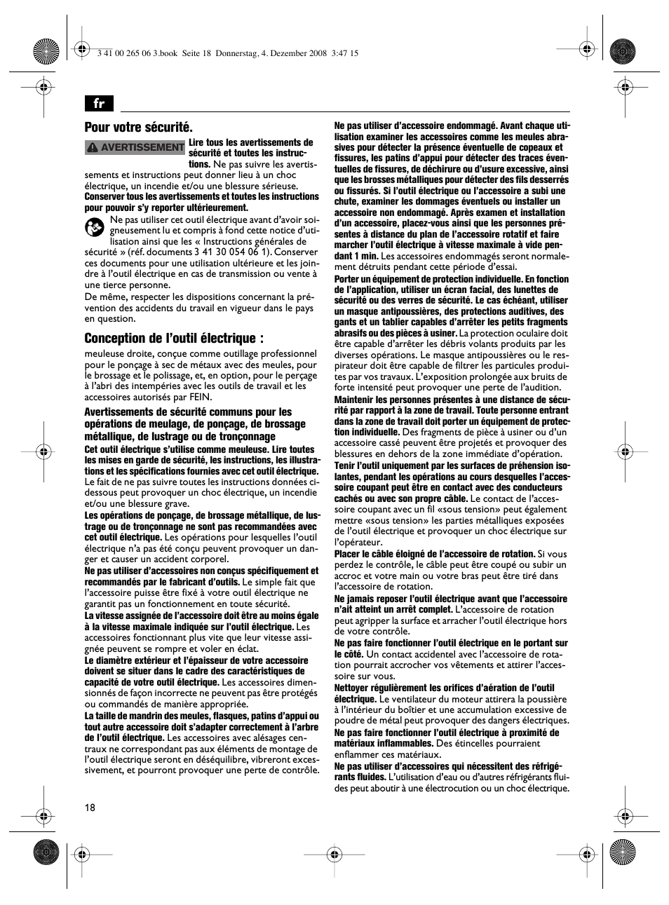 Fr pour votre sécurité, Conception de l’outil électrique | Fein AHSl636c User Manual | Page 18 / 80
