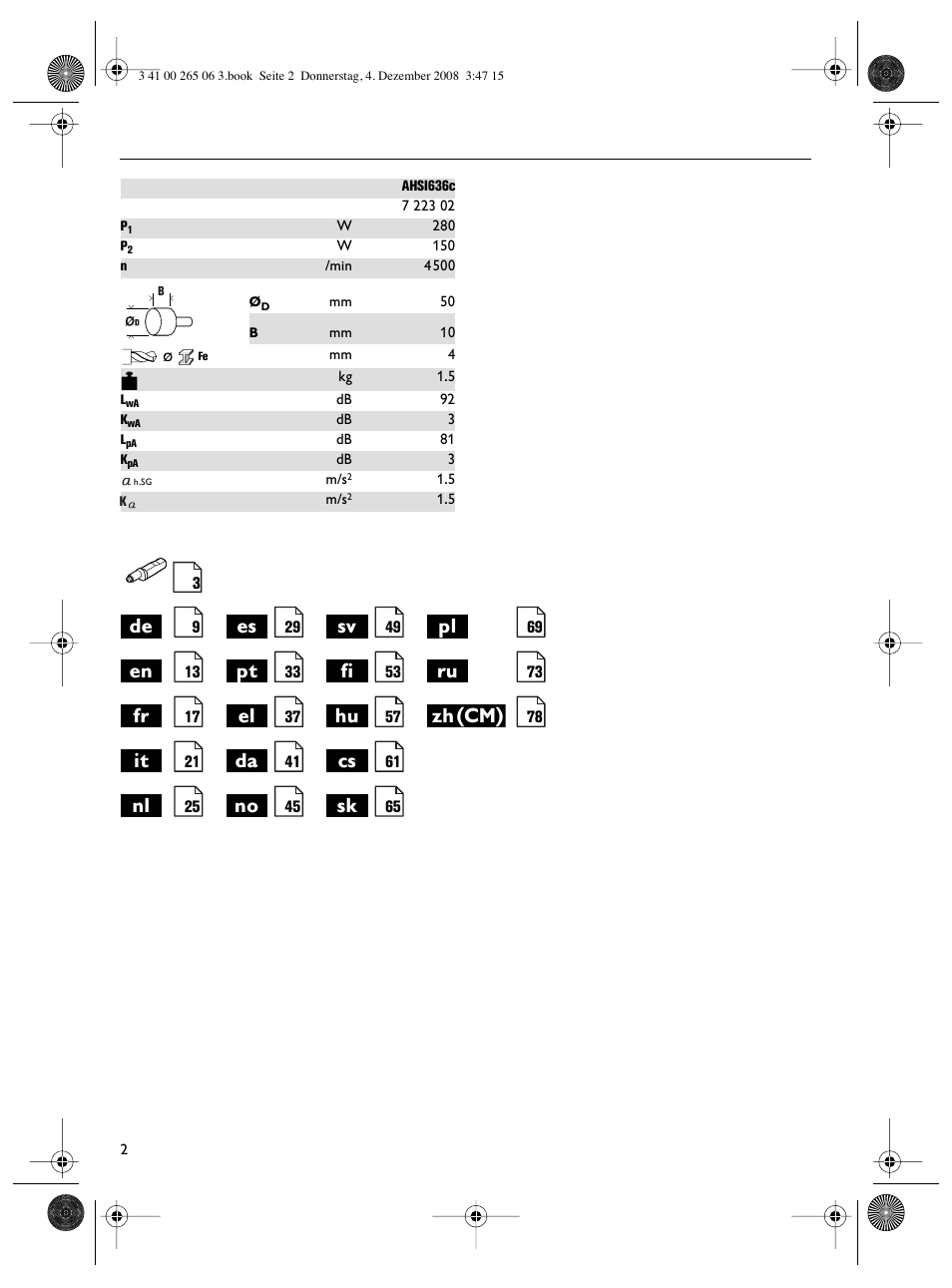 Zh(cm) | Fein AHSl636c User Manual | Page 2 / 80