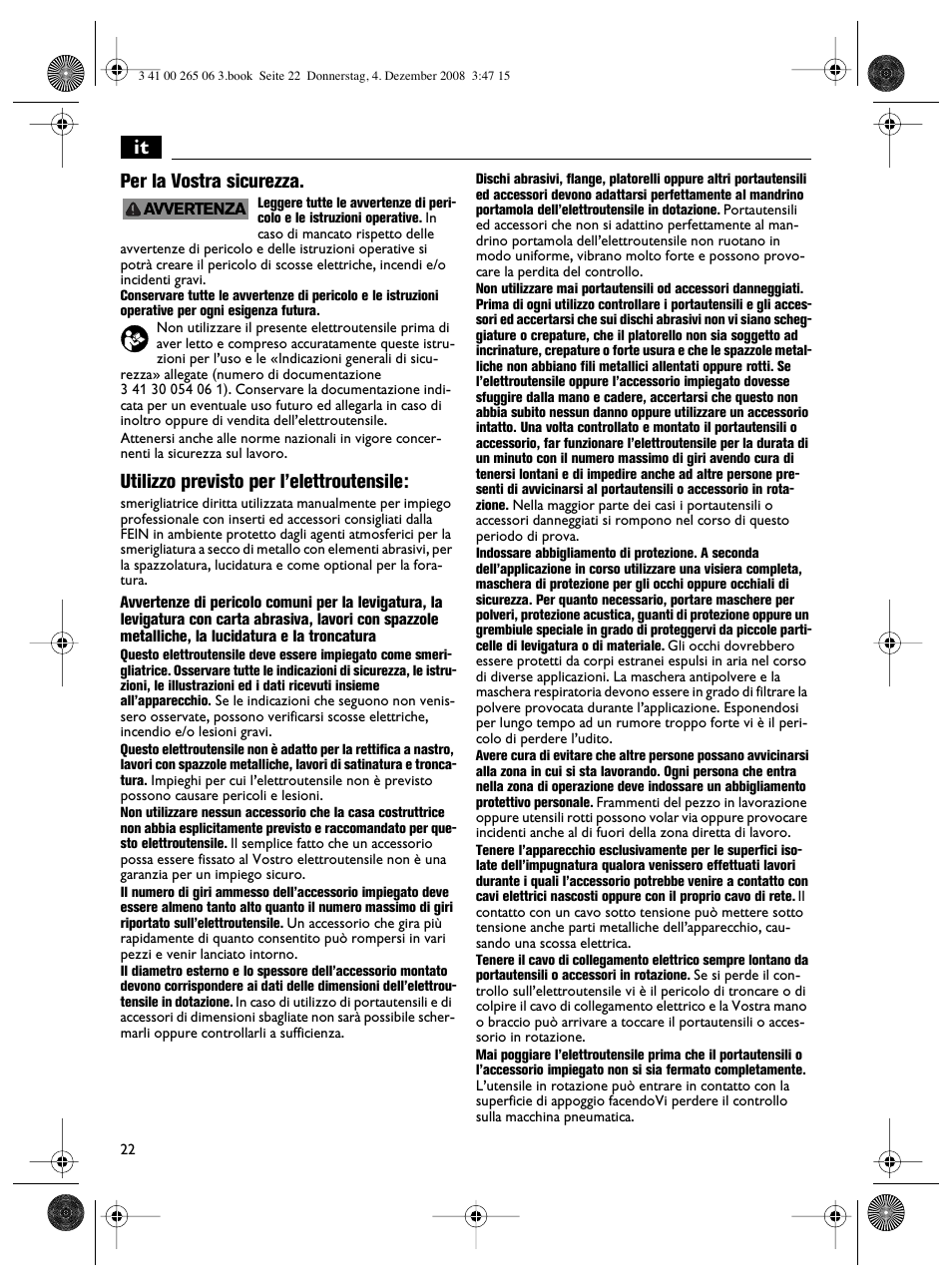 It per la vostra sicurezza, Utilizzo previsto per l’elettroutensile | Fein AHSl636c User Manual | Page 22 / 80