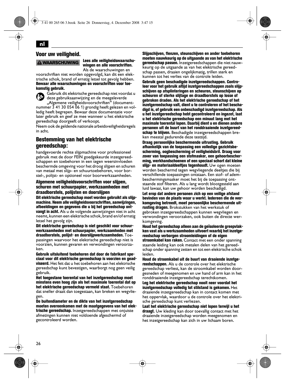 Nl voor uw veiligheid, Bestemming van het elektrische gereedschap | Fein AHSl636c User Manual | Page 26 / 80