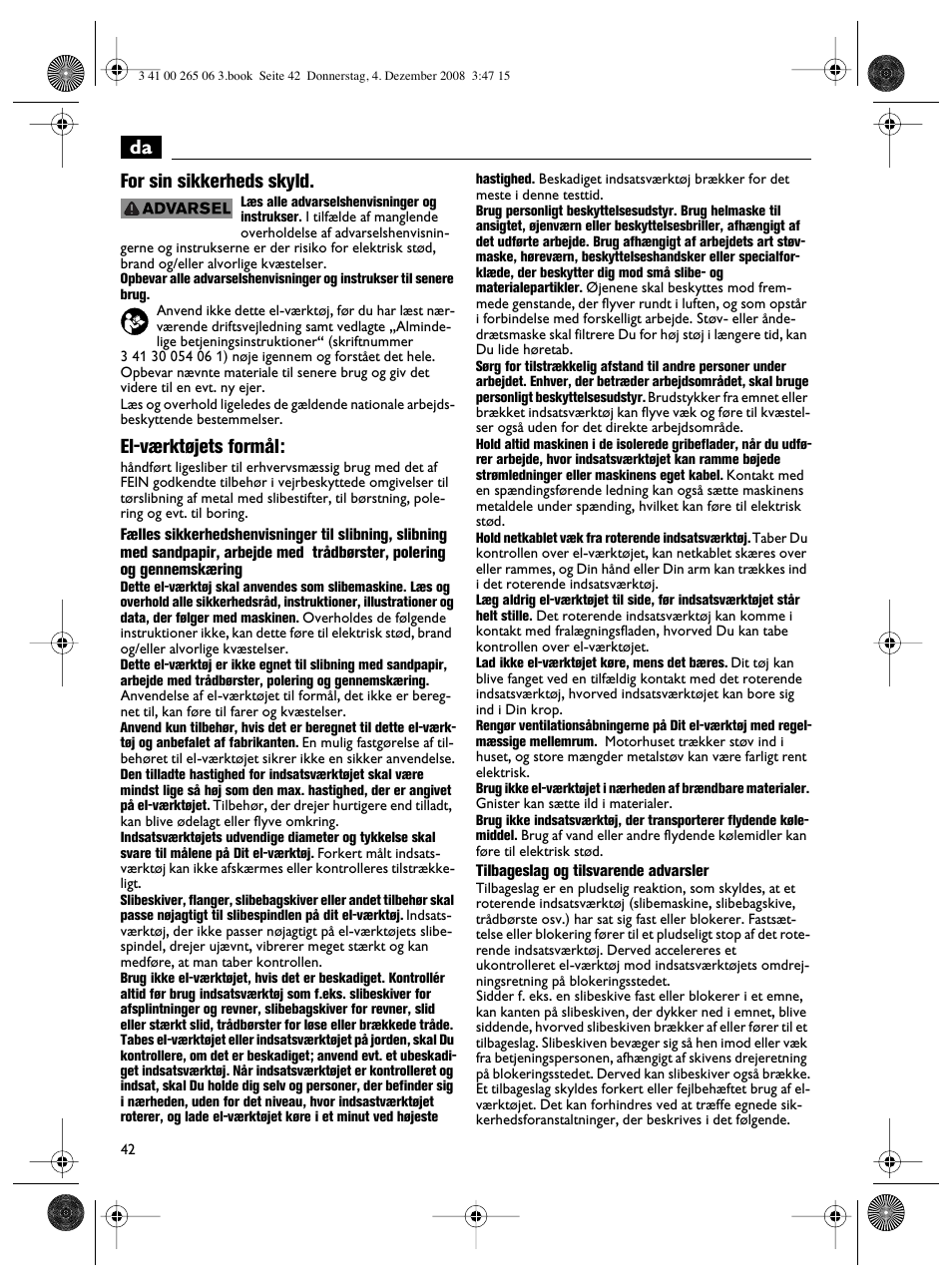 Da for sin sikkerheds skyld, El-værktøjets formål | Fein AHSl636c User Manual | Page 42 / 80