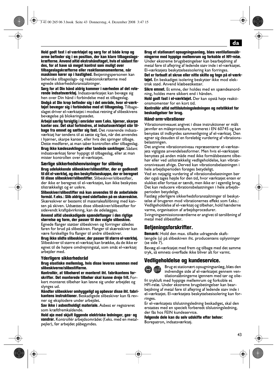 Betjeningsforskrifter, Vedligeholdelse og kundeservice | Fein AHSl636c User Manual | Page 43 / 80