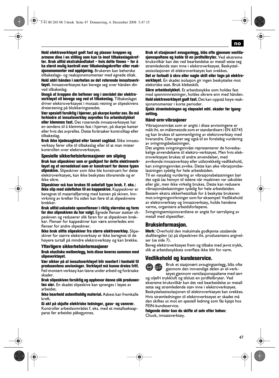 Bruksinformasjon, Vedlikehold og kundeservice | Fein AHSl636c User Manual | Page 47 / 80