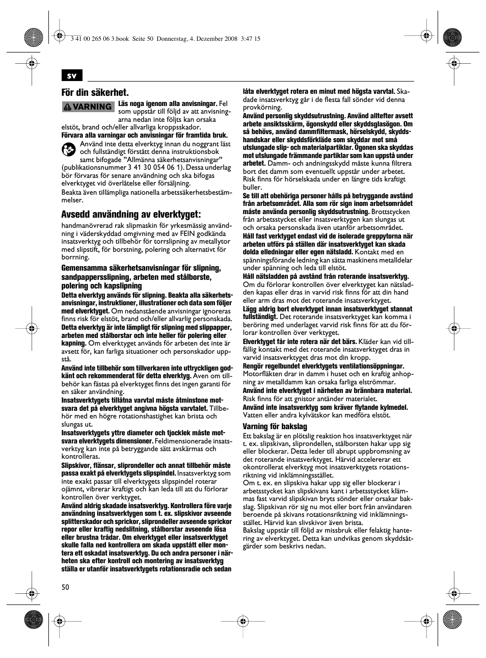 Sv för din säkerhet, Avsedd användning av elverktyget | Fein AHSl636c User Manual | Page 50 / 80