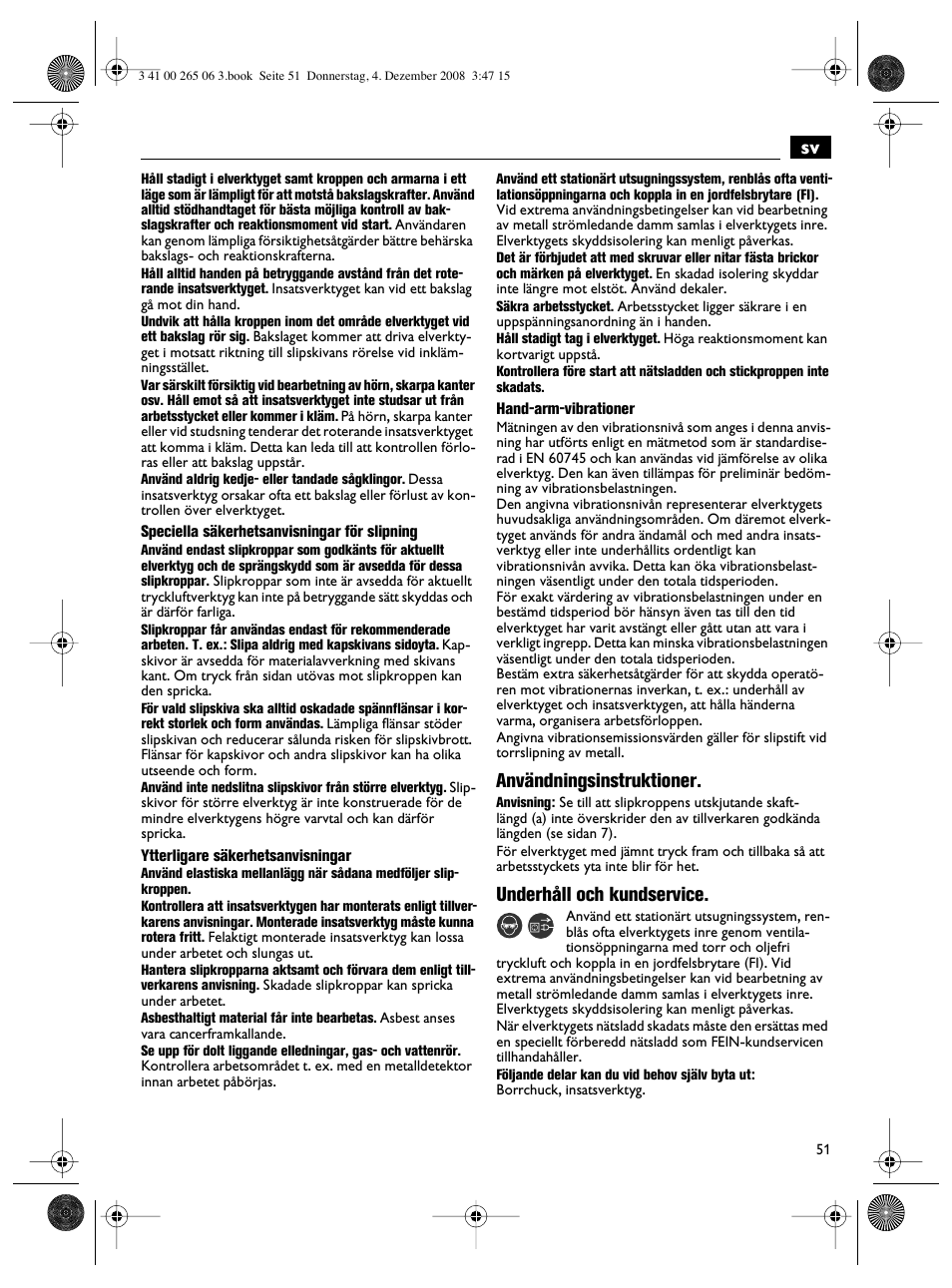 Användningsinstruktioner, Underhåll och kundservice | Fein AHSl636c User Manual | Page 51 / 80