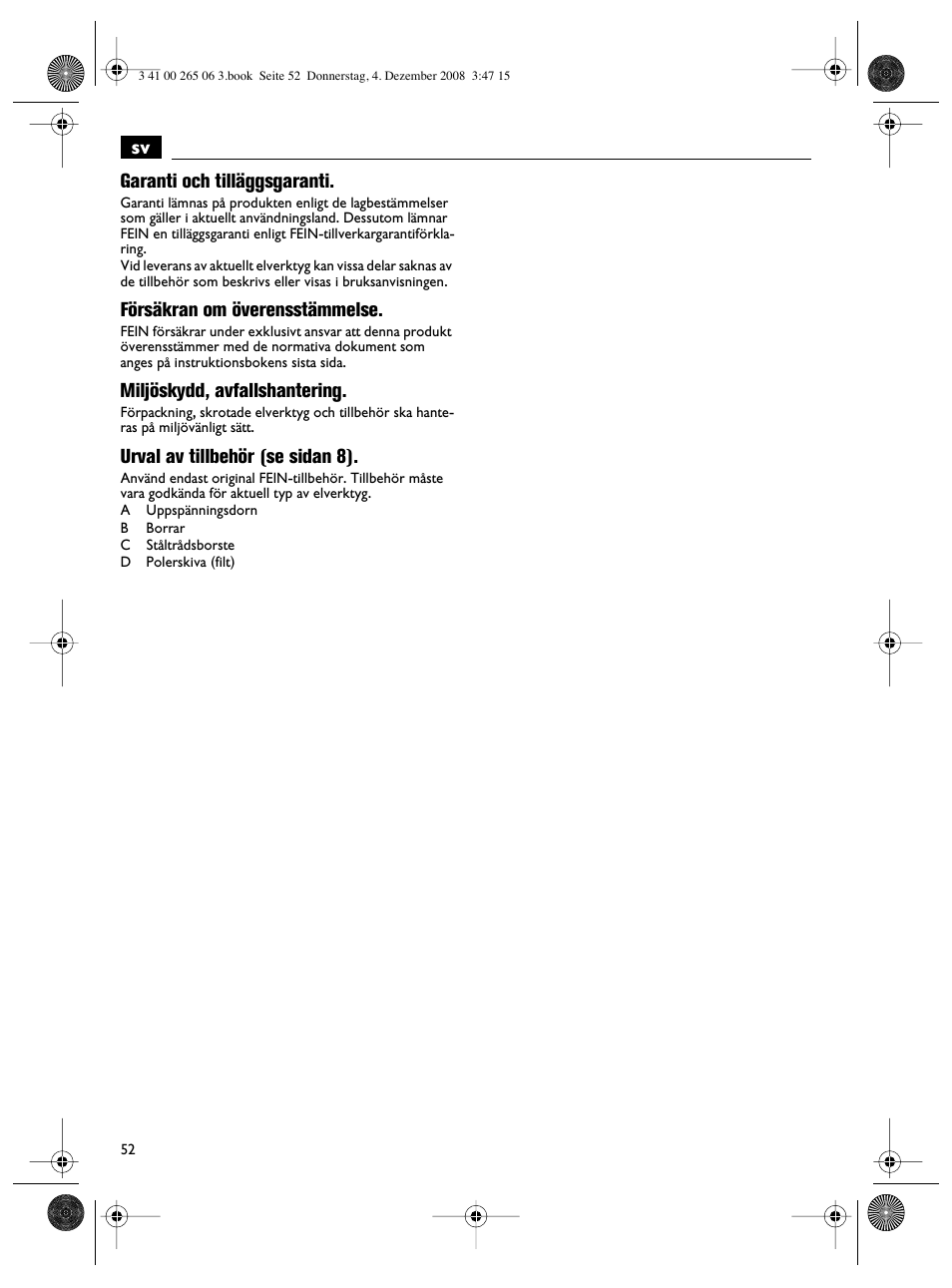 Sv garanti och tilläggsgaranti, Försäkran om överensstämmelse, Miljöskydd, avfallshantering | Urval av tillbehör (se sidan 8) | Fein AHSl636c User Manual | Page 52 / 80