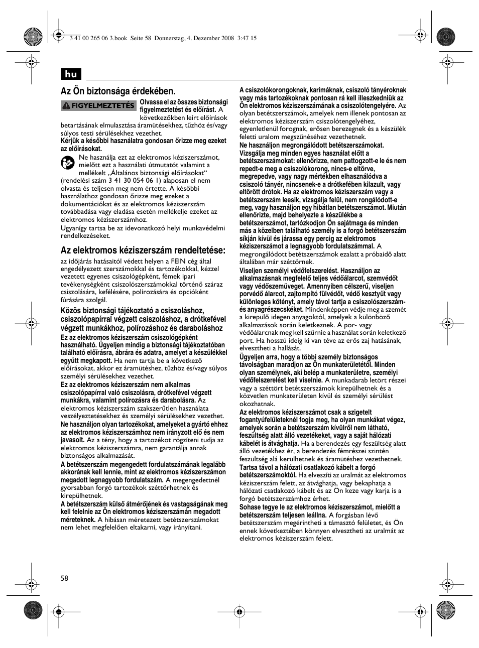 Hu az ön biztonsága érdekében, Az elektromos kéziszerszám rendeltetése | Fein AHSl636c User Manual | Page 58 / 80