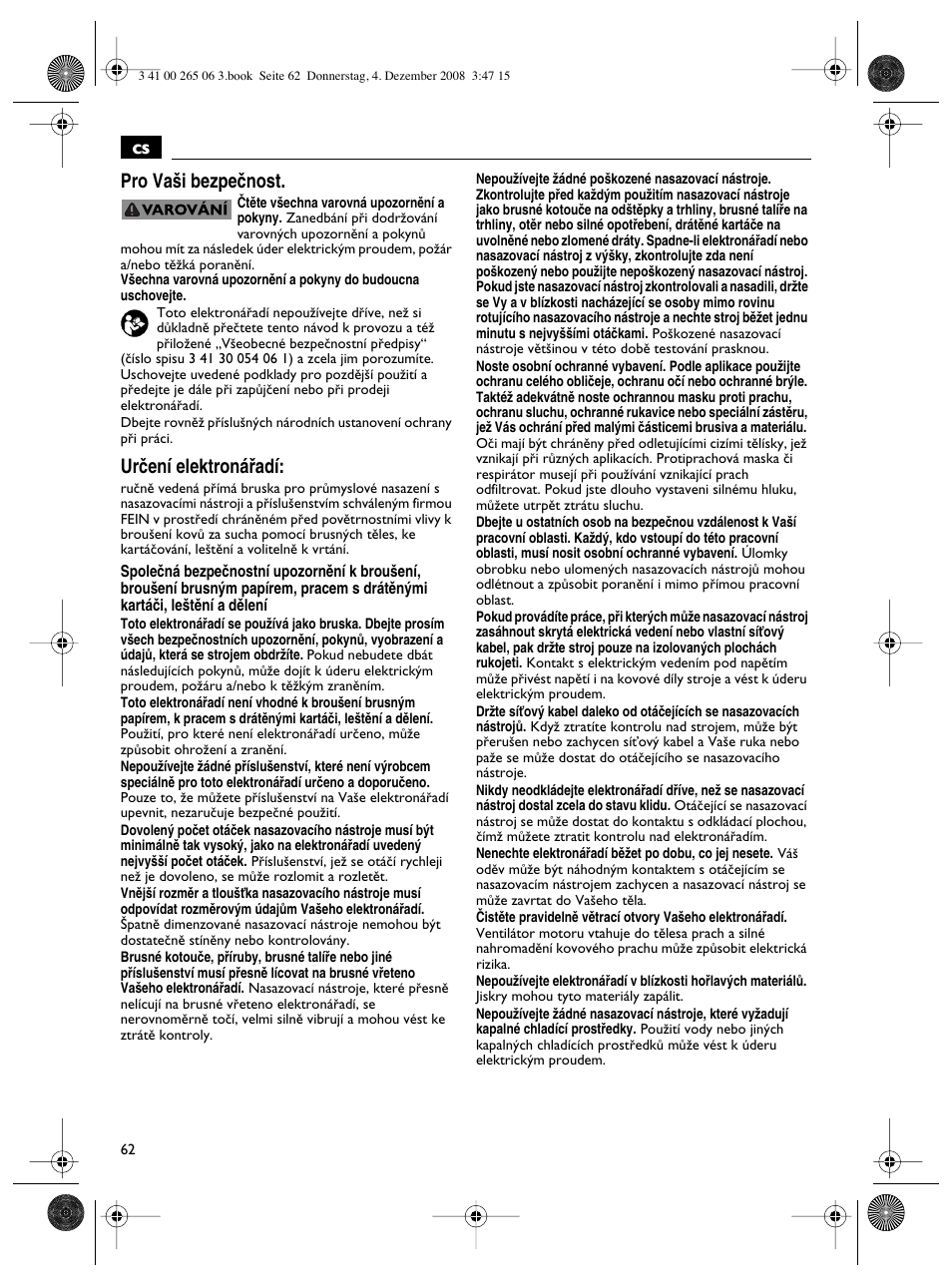 Cs pro va‰i bezpeãnost, Urãení elektronáﬁadí | Fein AHSl636c User Manual | Page 62 / 80