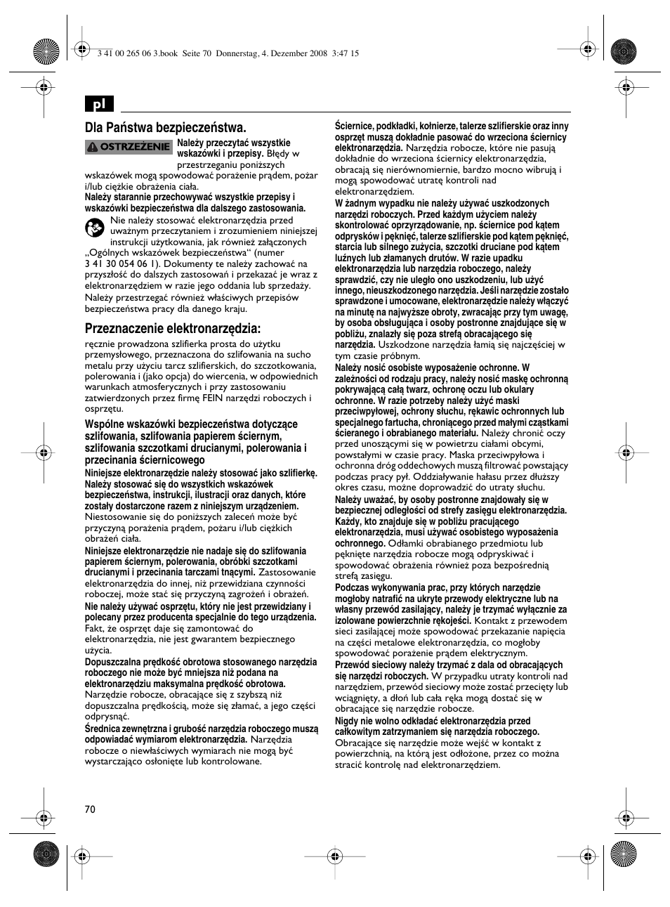 Pl dla paƒstwa bezpieczeƒstwa, Przeznaczenie elektronarz´dzia | Fein AHSl636c User Manual | Page 70 / 80