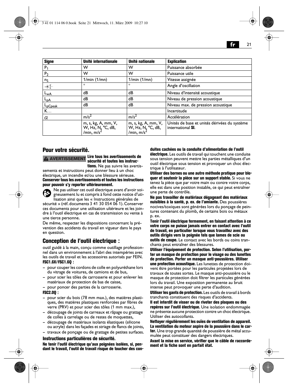 Fr pour votre sécurité, Conception de l’outil électrique | Fein Cargo User Manual | Page 21 / 77