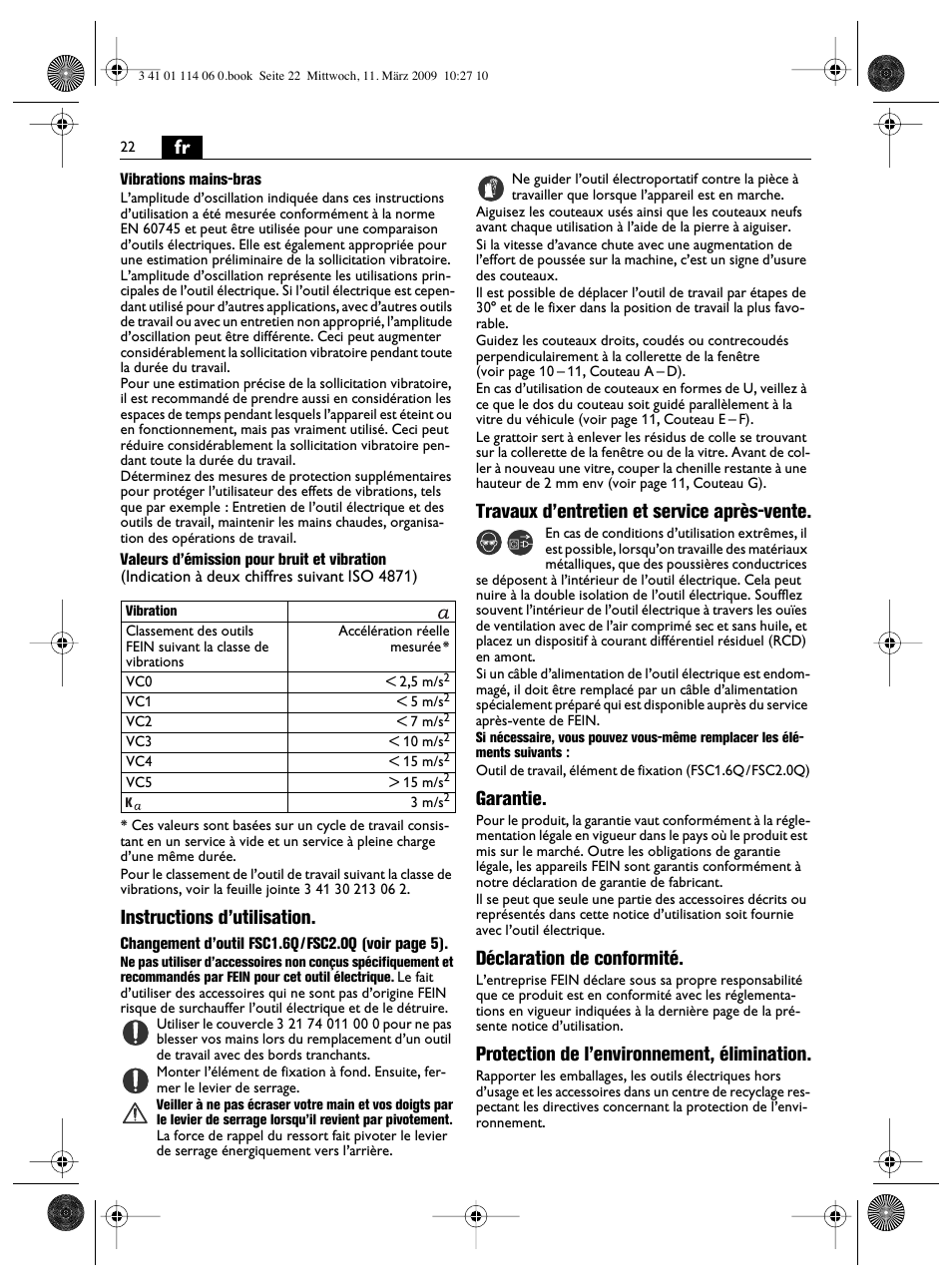 Instructions d’utilisation, Travaux d’entretien et service après-vente, Garantie | Déclaration de conformité, Protection de l’environnement, élimination | Fein Cargo User Manual | Page 22 / 77