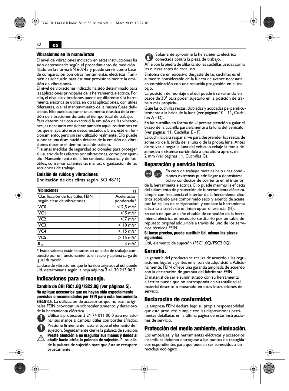 Indicaciones para el manejo, Reparación y servicio técnico, Garantía | Declaración de conformidad, Protección del medio ambiente, eliminación | Fein Cargo User Manual | Page 32 / 77