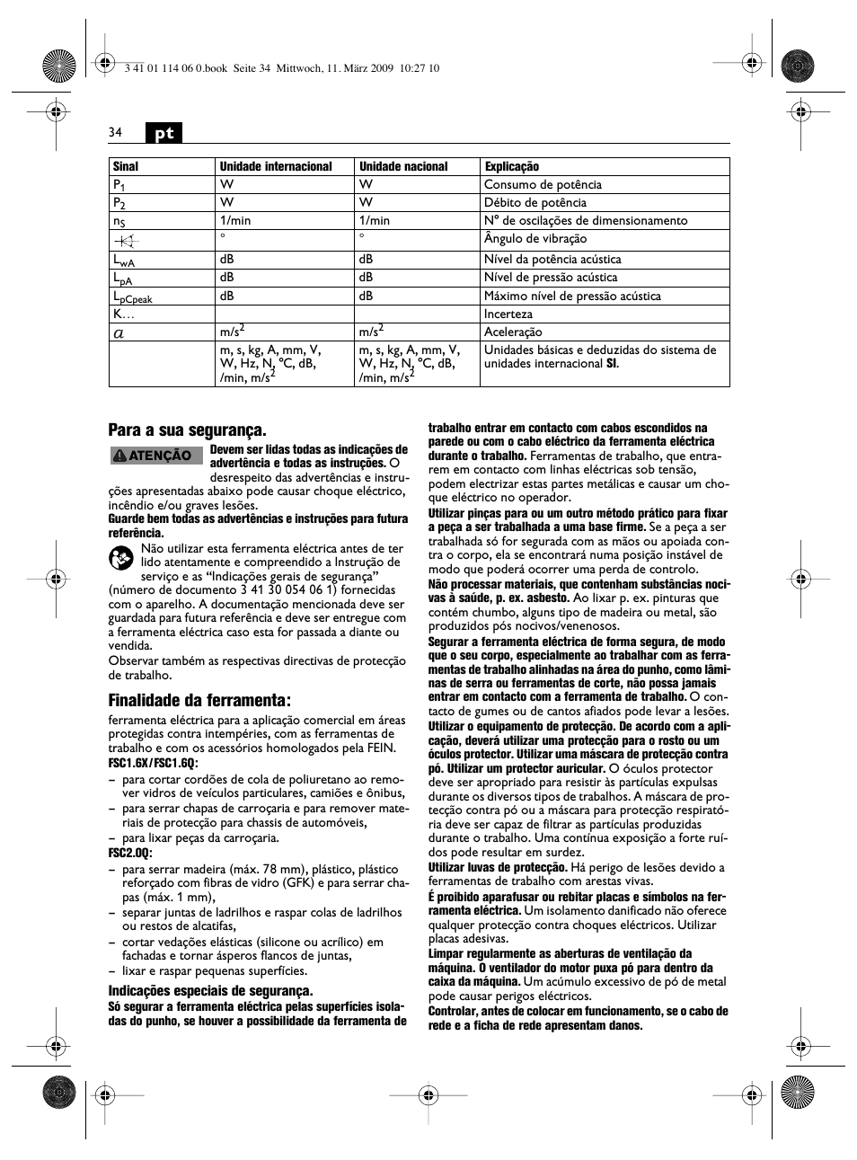 Pt para a sua segurança, Finalidade da ferramenta | Fein Cargo User Manual | Page 34 / 77