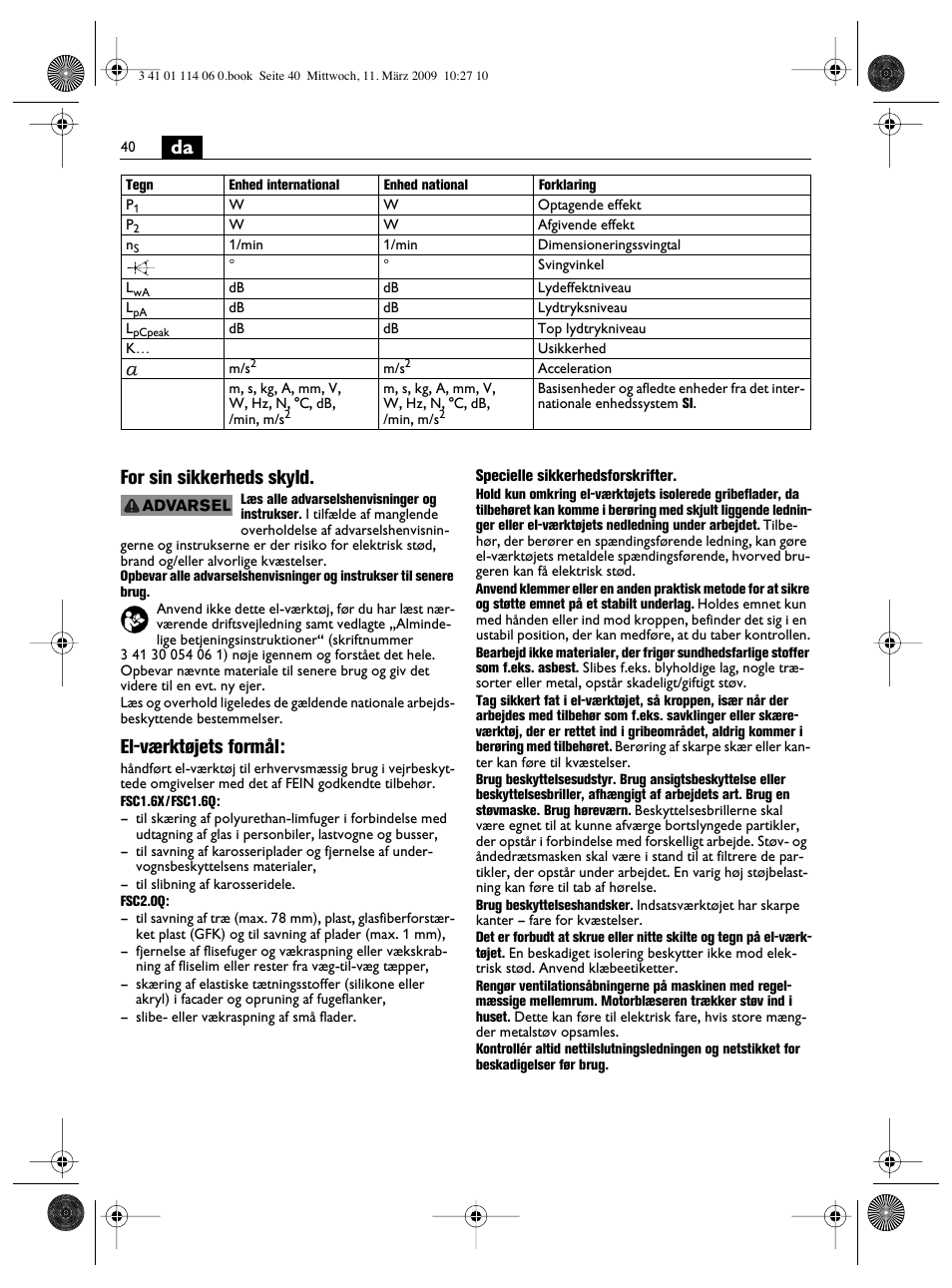 Da for sin sikkerheds skyld, El-værktøjets formål | Fein Cargo User Manual | Page 40 / 77