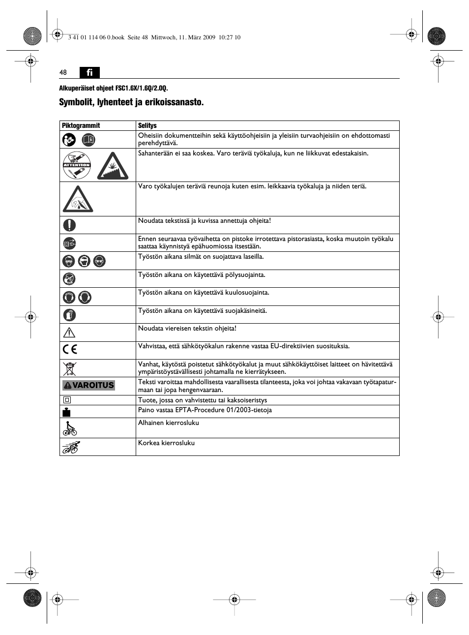Symbolit, lyhenteet ja erikoissanasto | Fein Cargo User Manual | Page 48 / 77