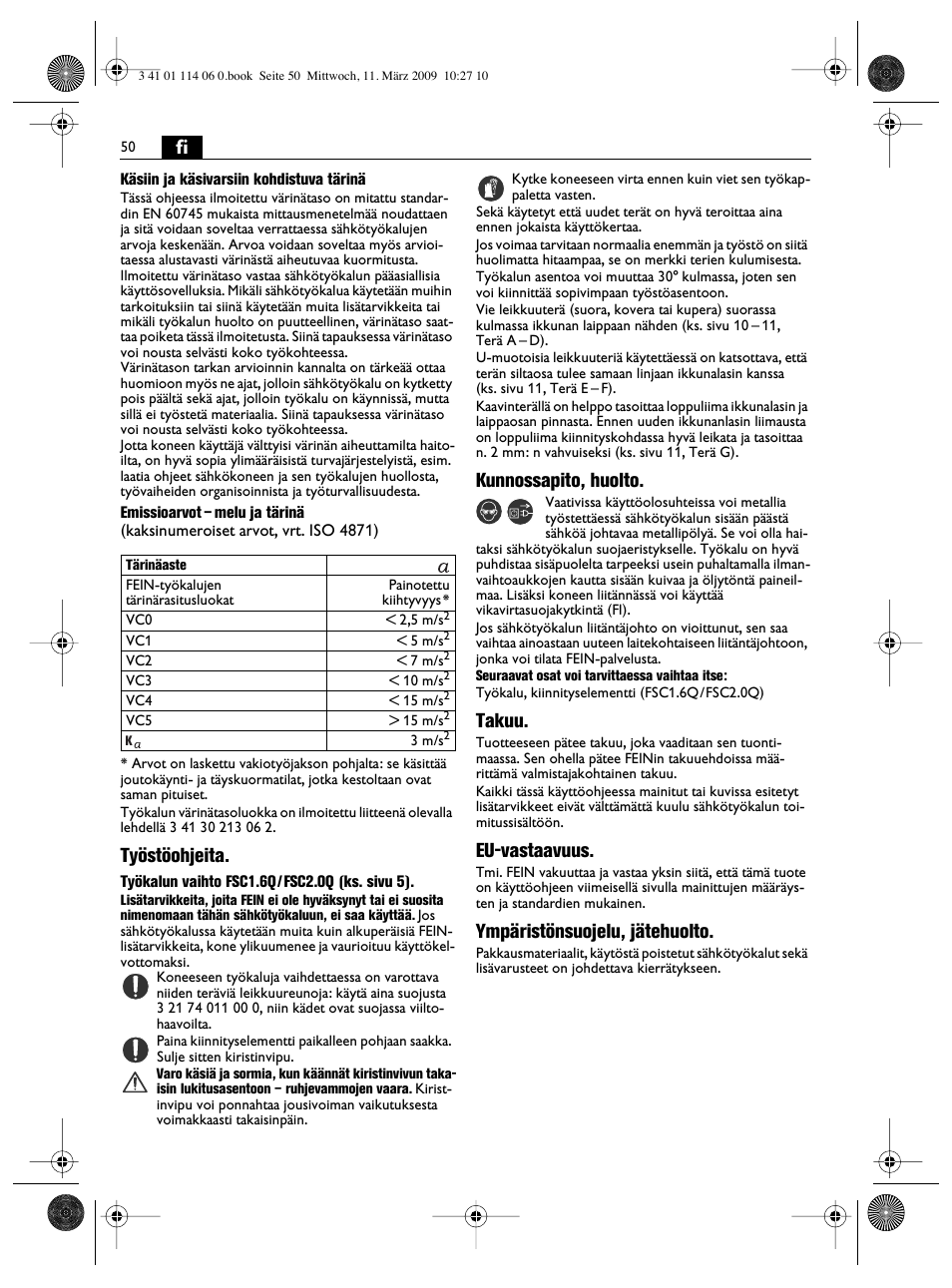 Työstöohjeita, Kunnossapito, huolto, Takuu | Eu-vastaavuus, Ympäristönsuojelu, jätehuolto | Fein Cargo User Manual | Page 50 / 77