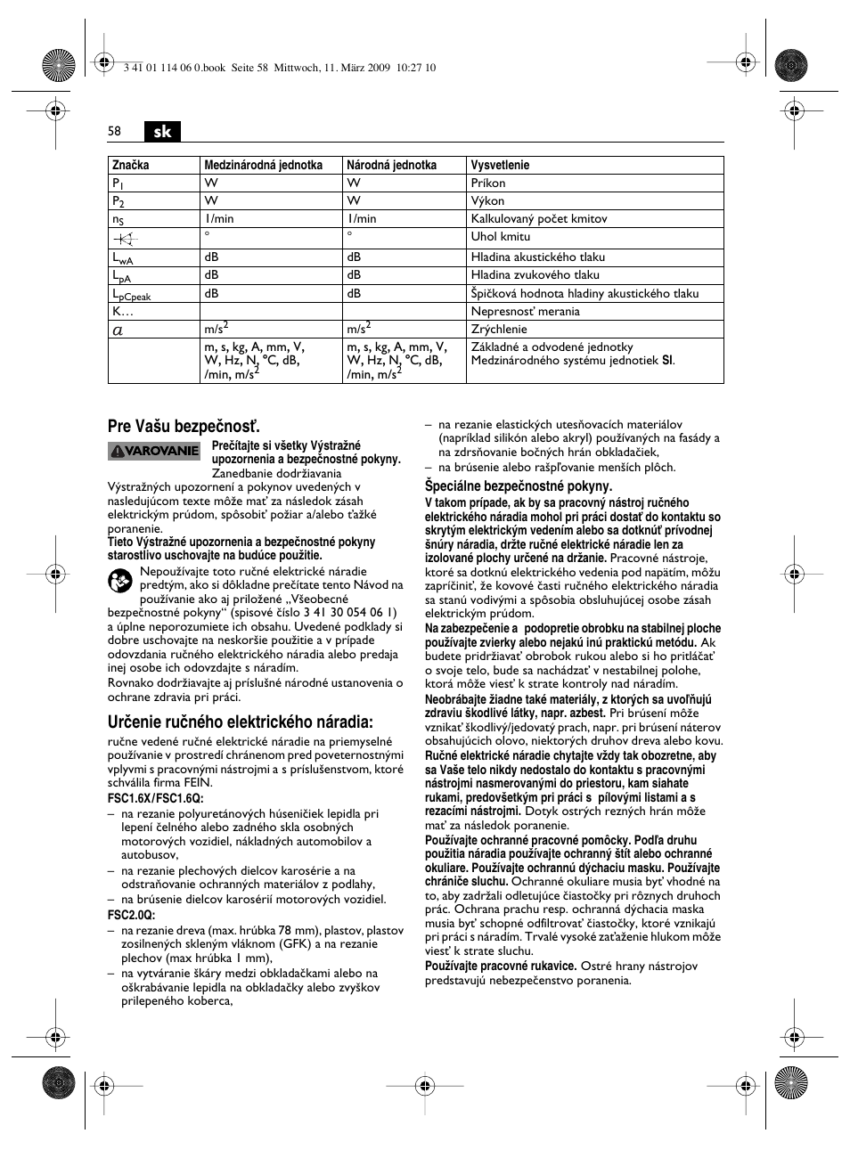 Sk pre va‰u bezpeãnosè, Urãenie ruãného elektrického náradia | Fein Cargo User Manual | Page 58 / 77