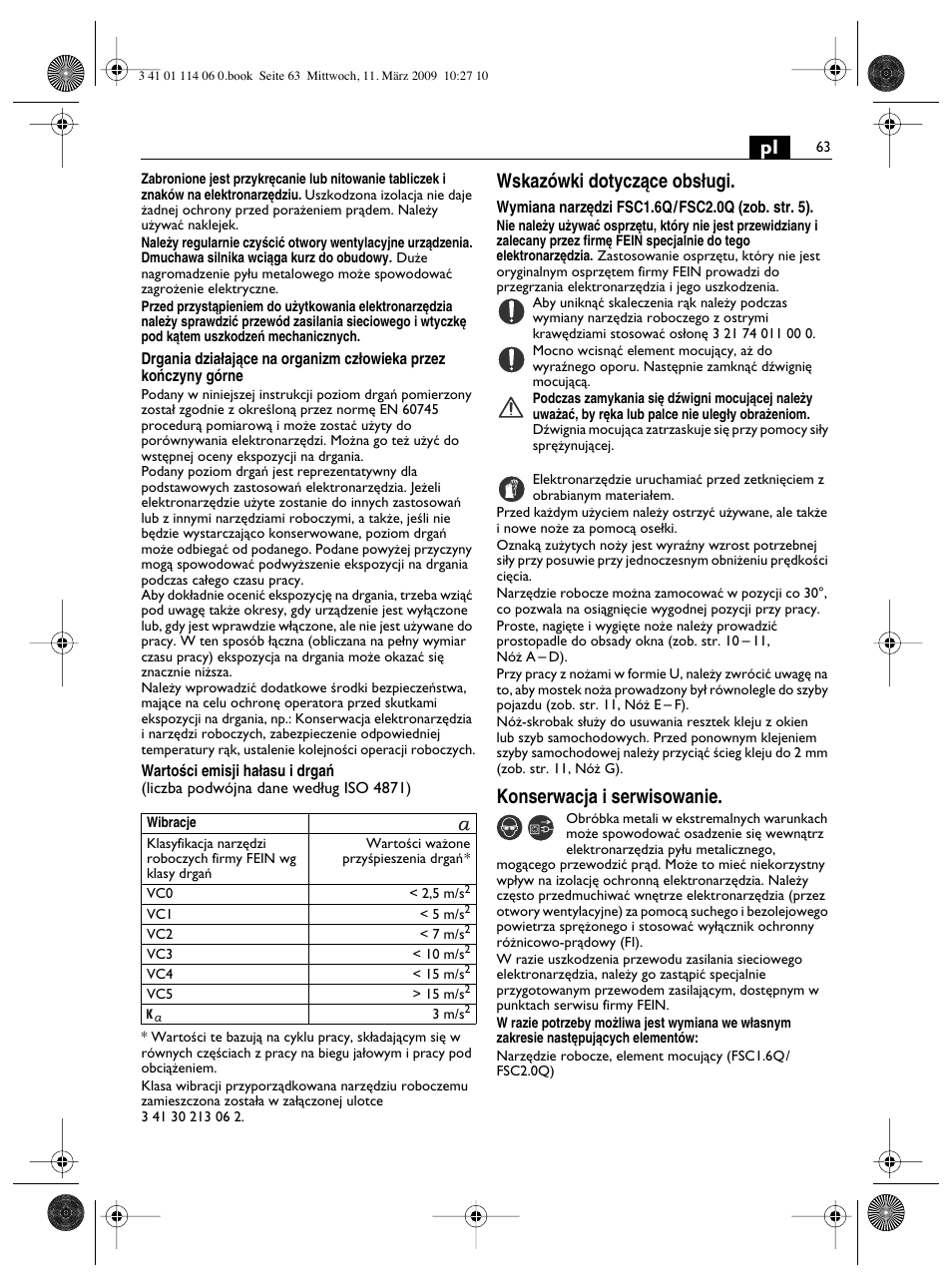 Wskazówki dotyczàce obs∏ugi, Konserwacja i serwisowanie | Fein Cargo User Manual | Page 63 / 77