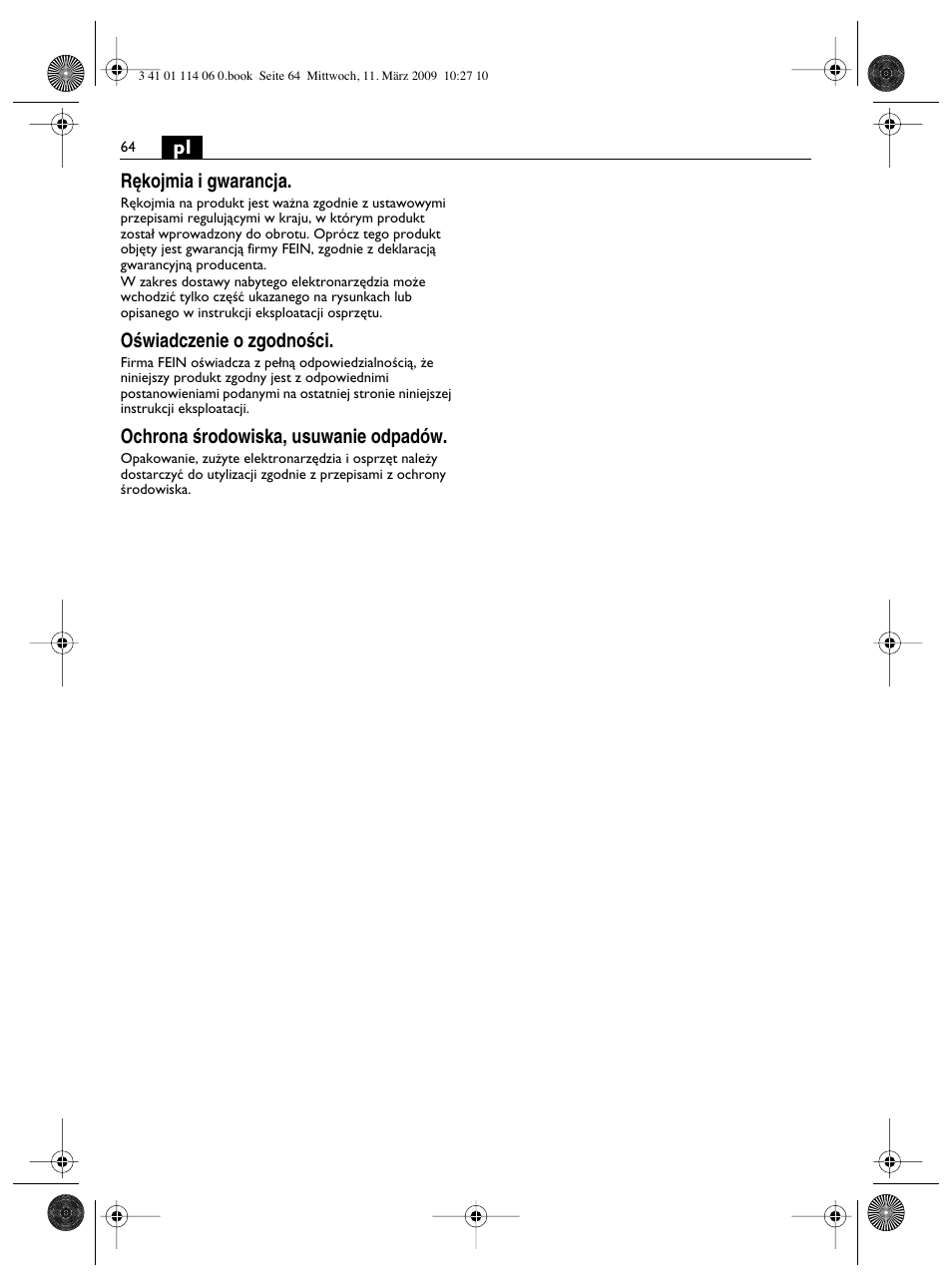 Pl r´kojmia i gwarancja, Oêwiadczenie o zgodnoêci, Ochrona êrodowiska, usuwanie odpadów | Fein Cargo User Manual | Page 64 / 77
