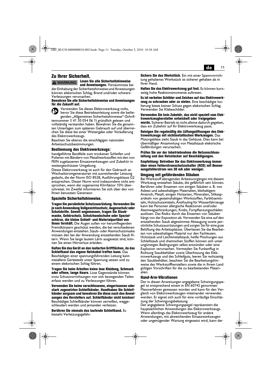 De zu ihrer sicherheit | Fein BF 10-280E User Manual | Page 11 / 109