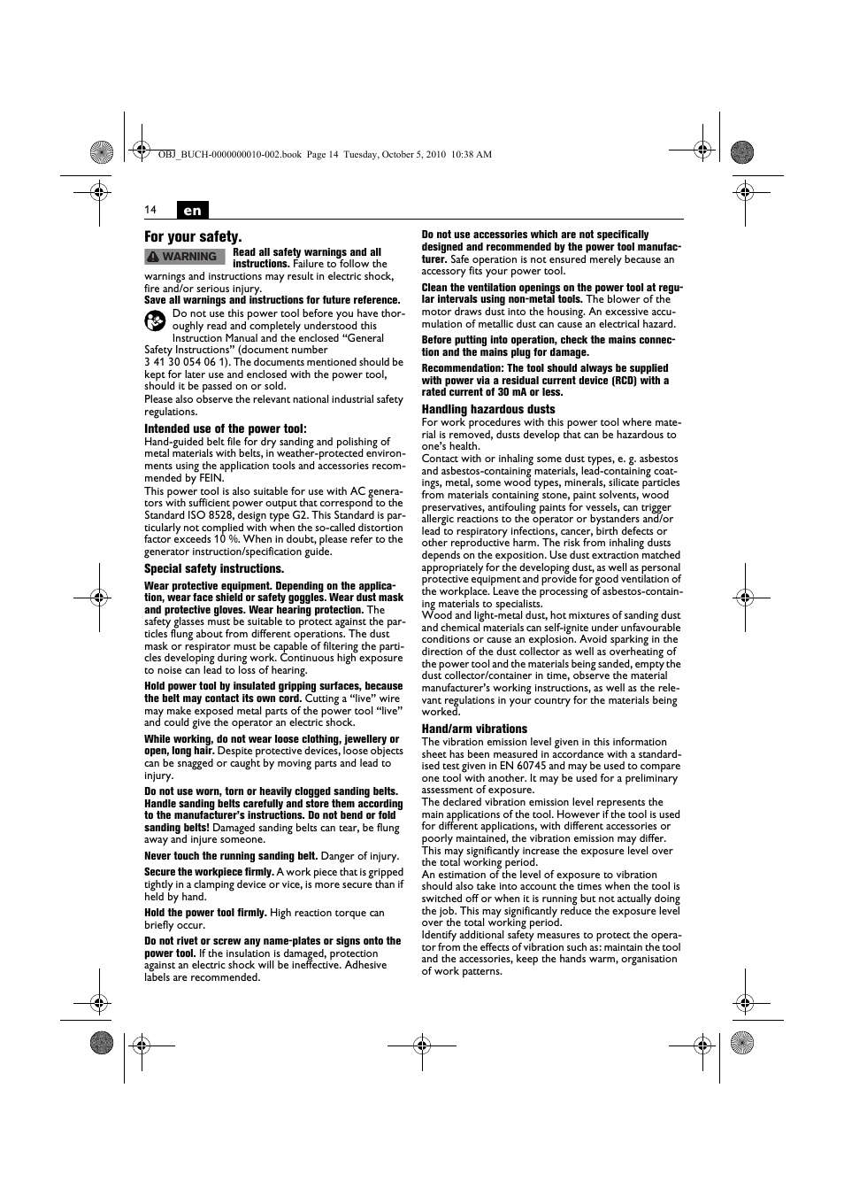 En for your safety | Fein BF 10-280E User Manual | Page 14 / 109