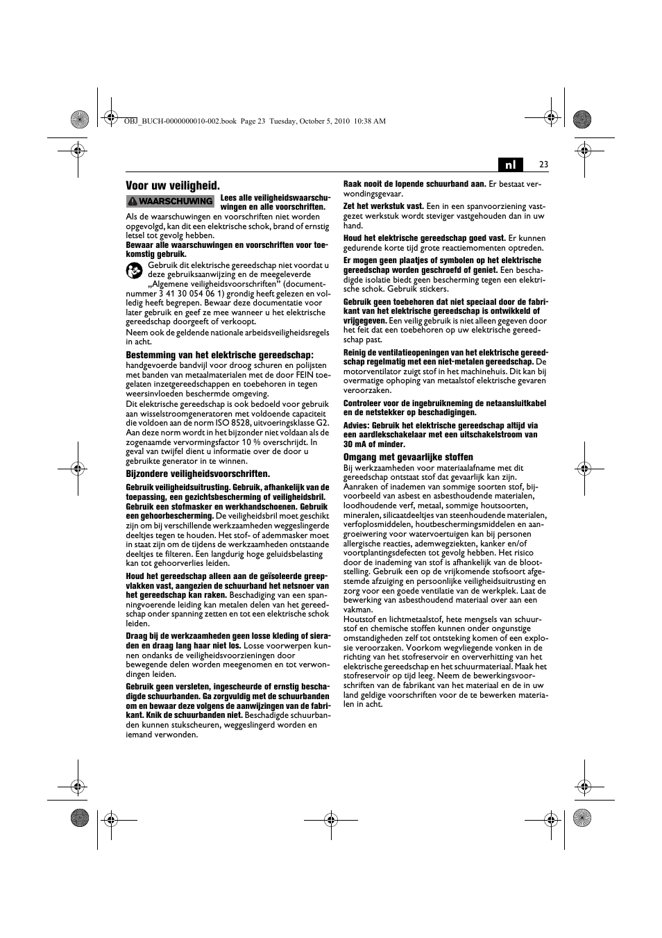 Nl voor uw veiligheid | Fein BF 10-280E User Manual | Page 23 / 109