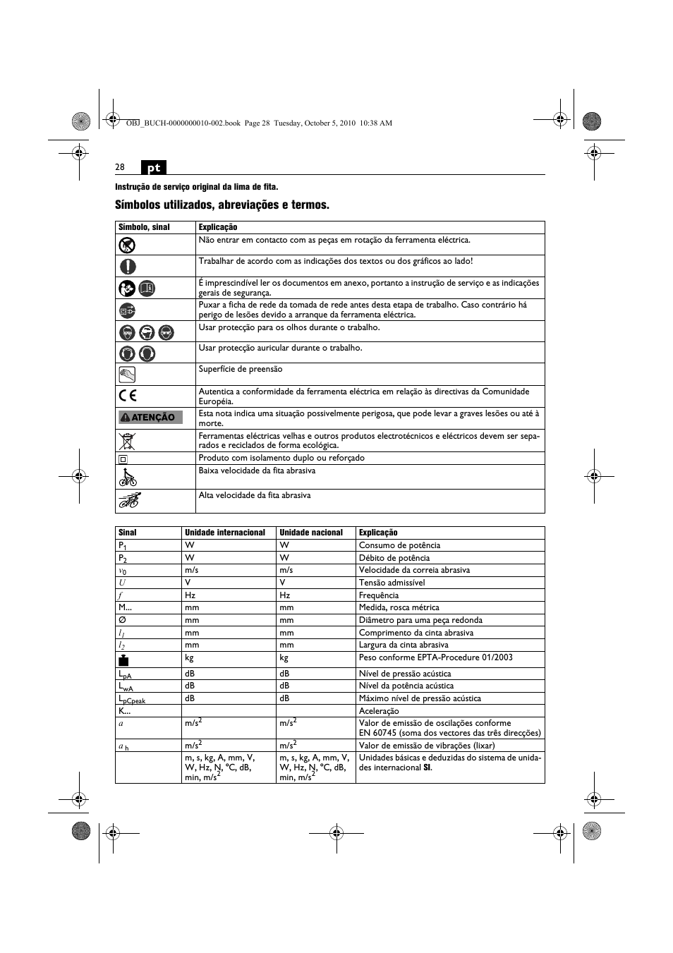 Símbolos utilizados, abreviações e termos | Fein BF 10-280E User Manual | Page 28 / 109