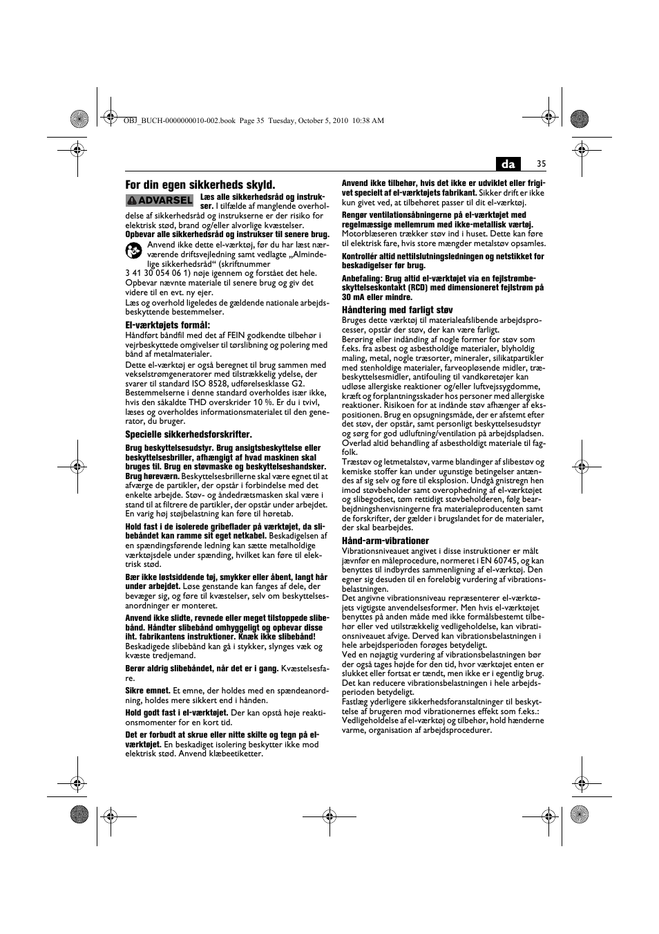 Da for din egen sikkerheds skyld | Fein BF 10-280E User Manual | Page 35 / 109